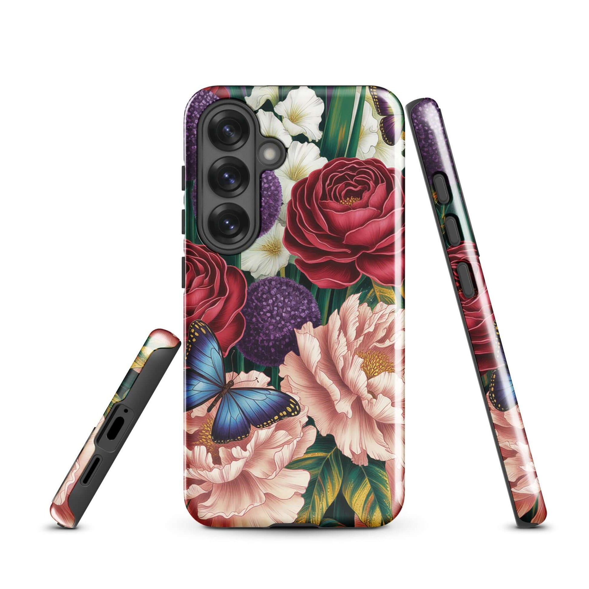 Phone Case for Samsung Galaxy featuring floral design with roses, peonies, alliums, emerald greens, and blue butterflies.