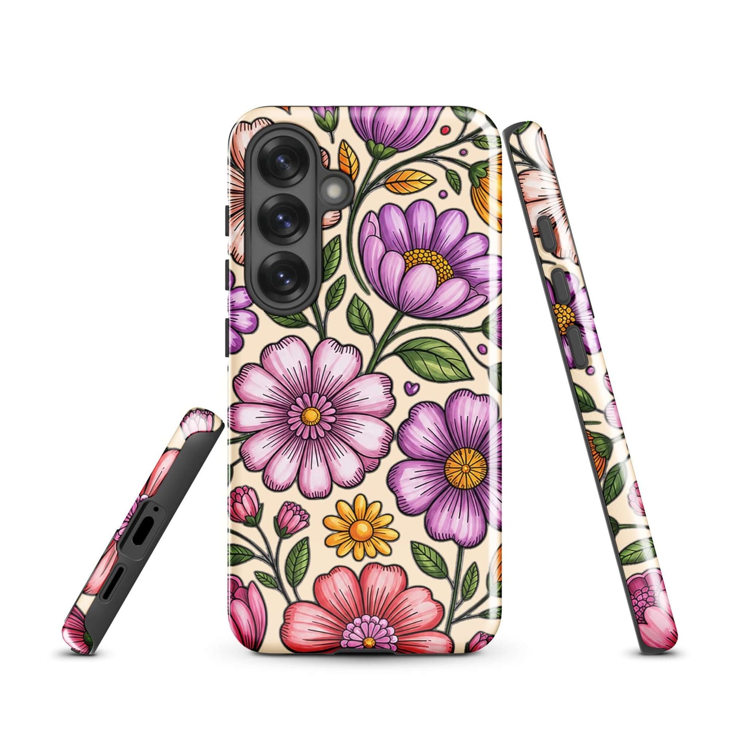 Phone Case for Samsung Galaxy with pastel floral design, featuring pink, peach, lavender, and yellow flowers on a durable shell.