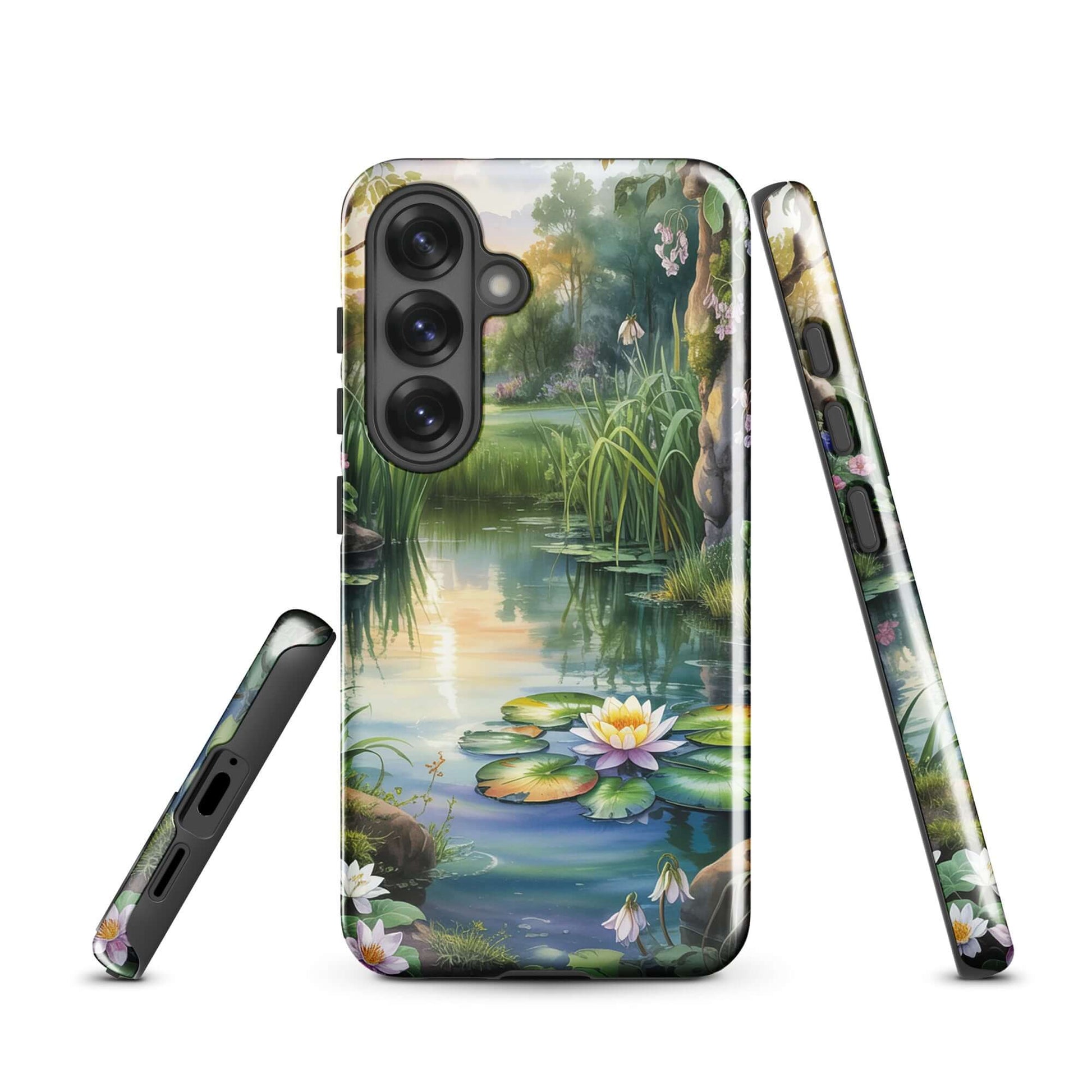 Phone Case for Samsung Galaxy depicting a tranquil enchanted pond with lily pads, lush greenery, wildflowers, and soft sunset reflections.