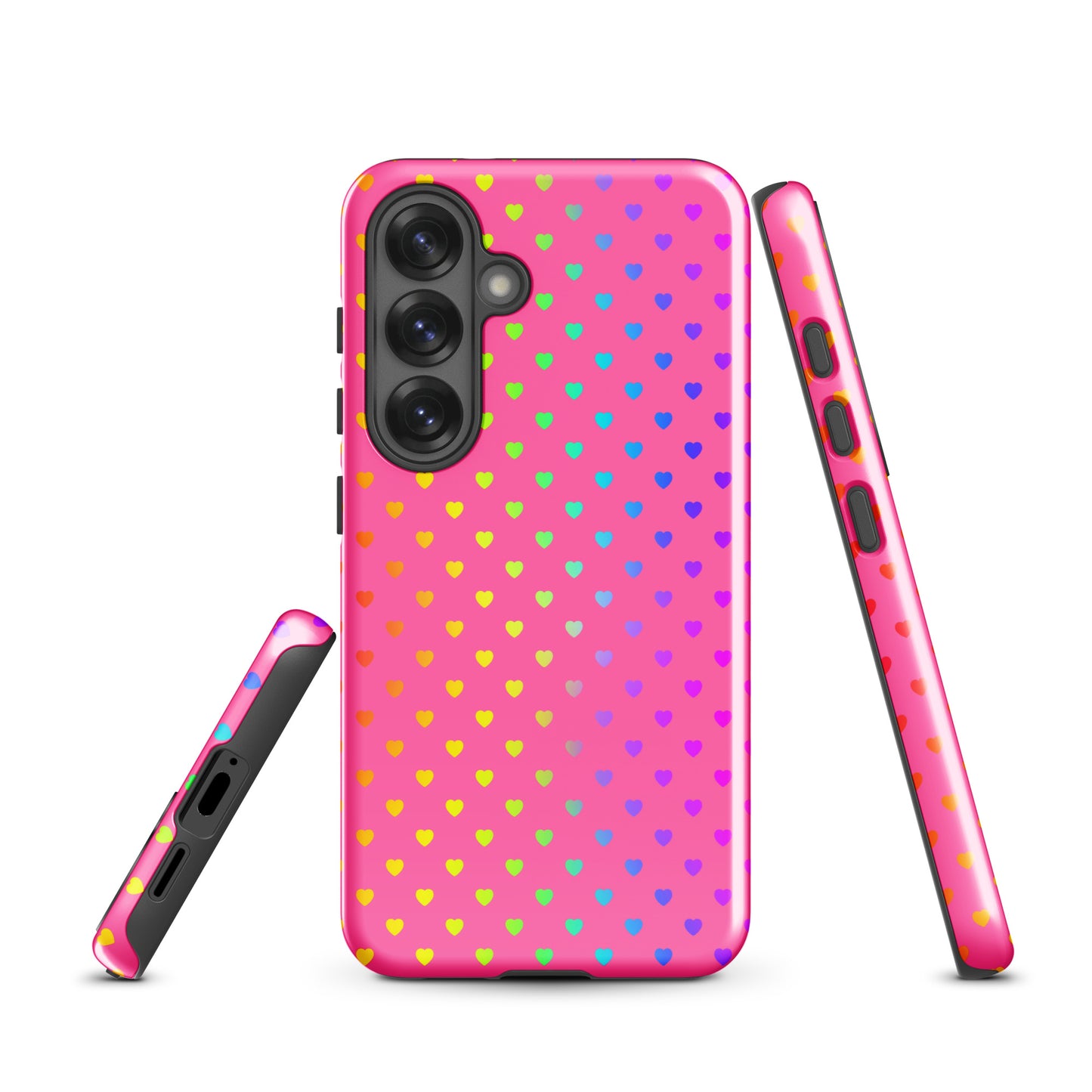 Phone case for Samsung Galaxy with cute rainbow hearts on pink backdrop, dual-layer design for style and protection.