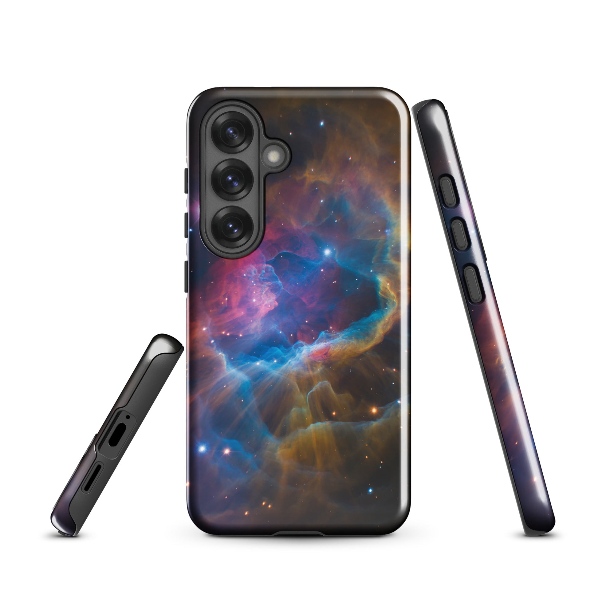 Phone Case for Samsung Galaxy with colorful nebula design, featuring blues, oranges, and pinks, cosmic accessory.
