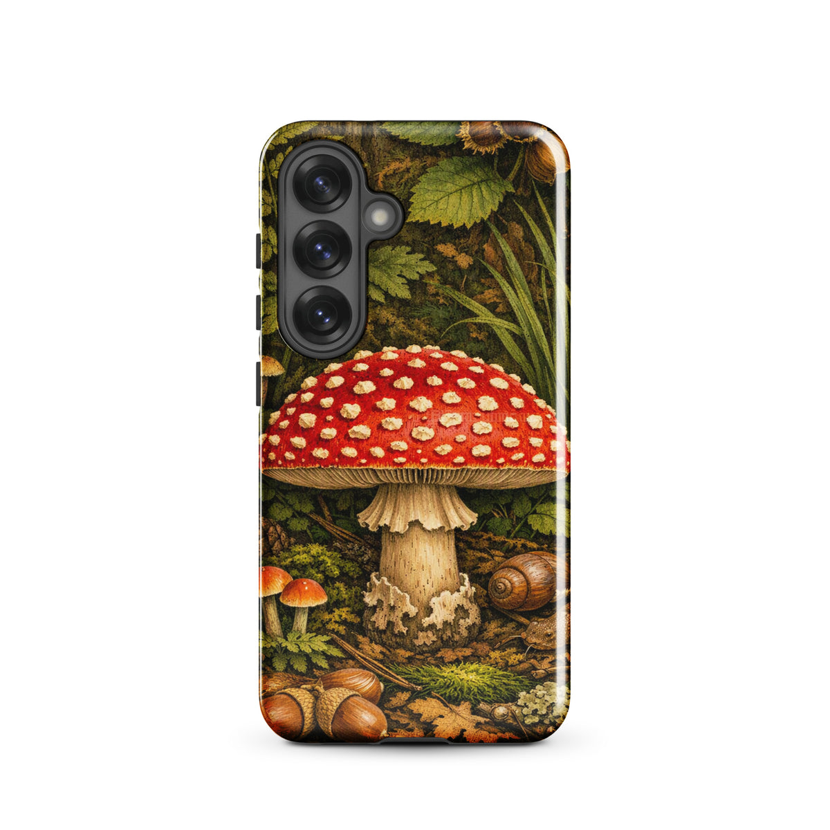 Phone Case for Samsung Galaxy with Amanita muscaria mushroom design, featuring red cap with white spots, forest-themed illustration.