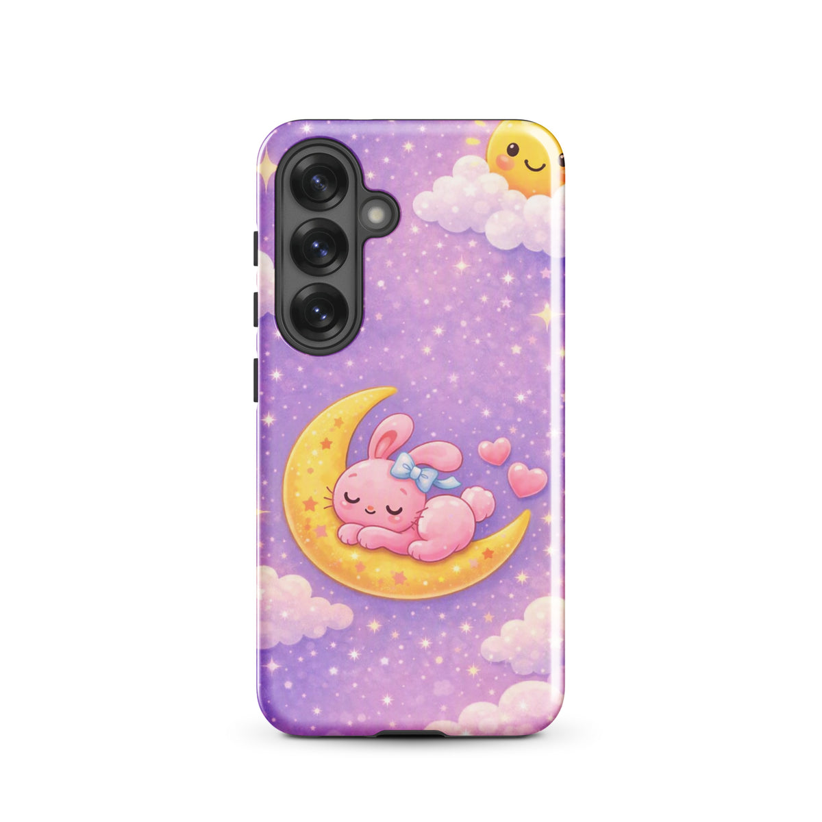 Phone Case for Samsung Galaxy - Cute, Cozy, Dreamy Bunny Moon Design with pink bunny on crescent moon and stars