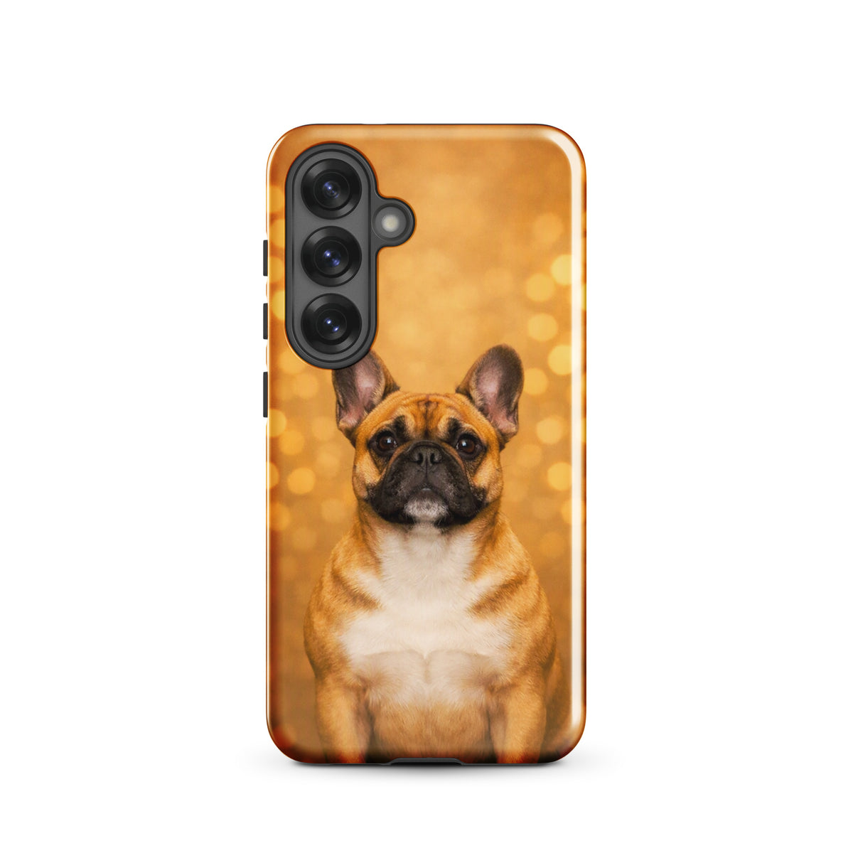 Phone Case for Samsung Galaxy with French Bulldog portrait on golden bokeh background, perfect for dog lovers and charm seekers.