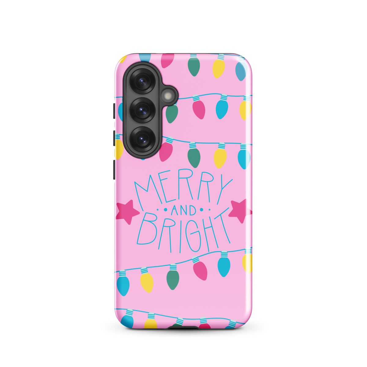 Phone Case for Samsung Galaxy with Merry and Bright holiday lights on pink background