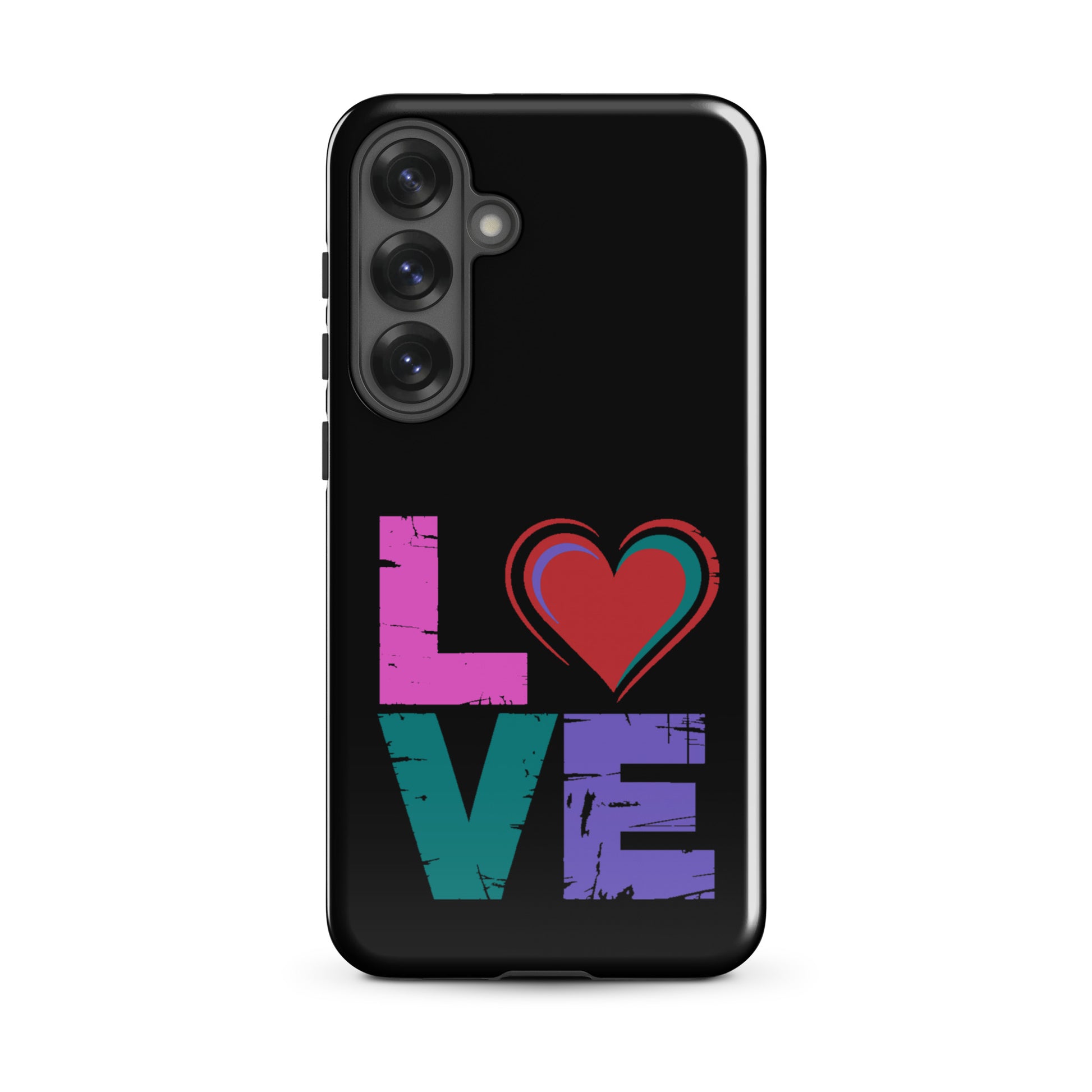 Tough case for Samsung Galaxy Phones featuring the word love and a heart design on a black background.