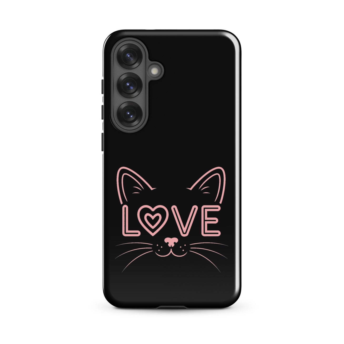 Cat Love phone case for Samsung Galaxy featuring minimalist cat face and 'LOVE' design.