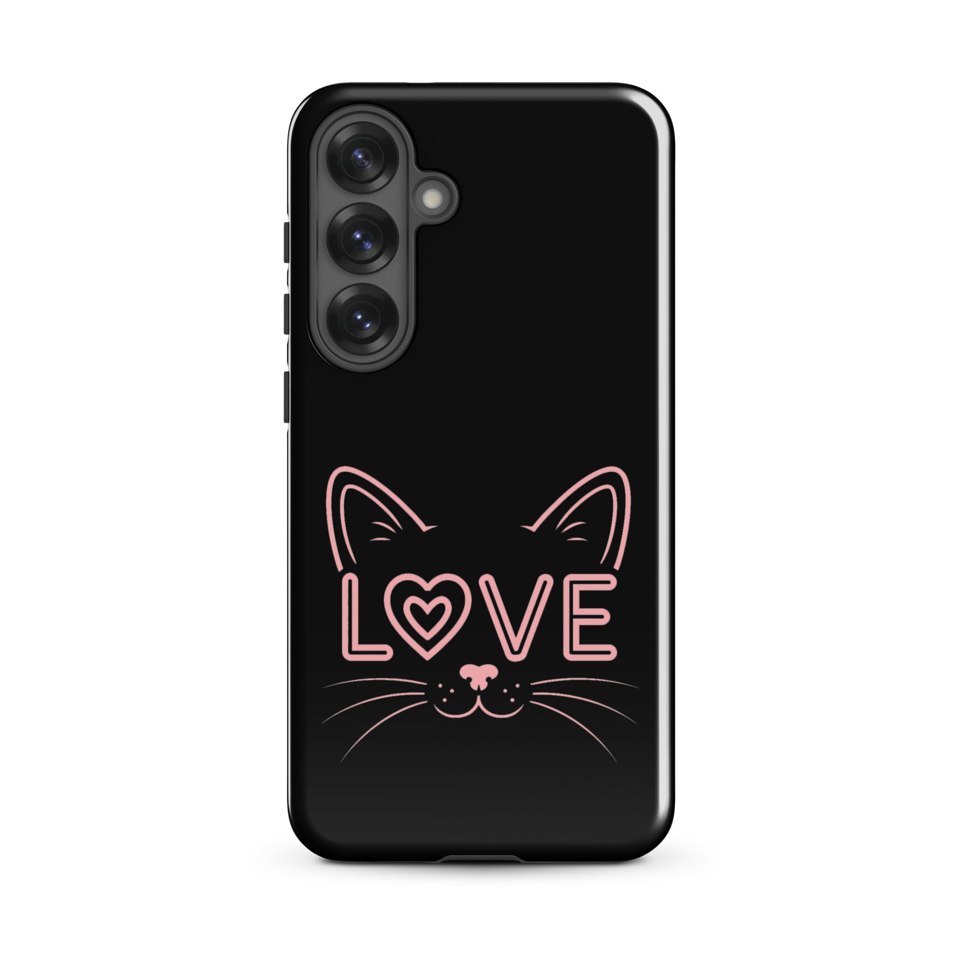Cat Love phone case for Samsung Galaxy featuring minimalist cat face and 'LOVE' design.