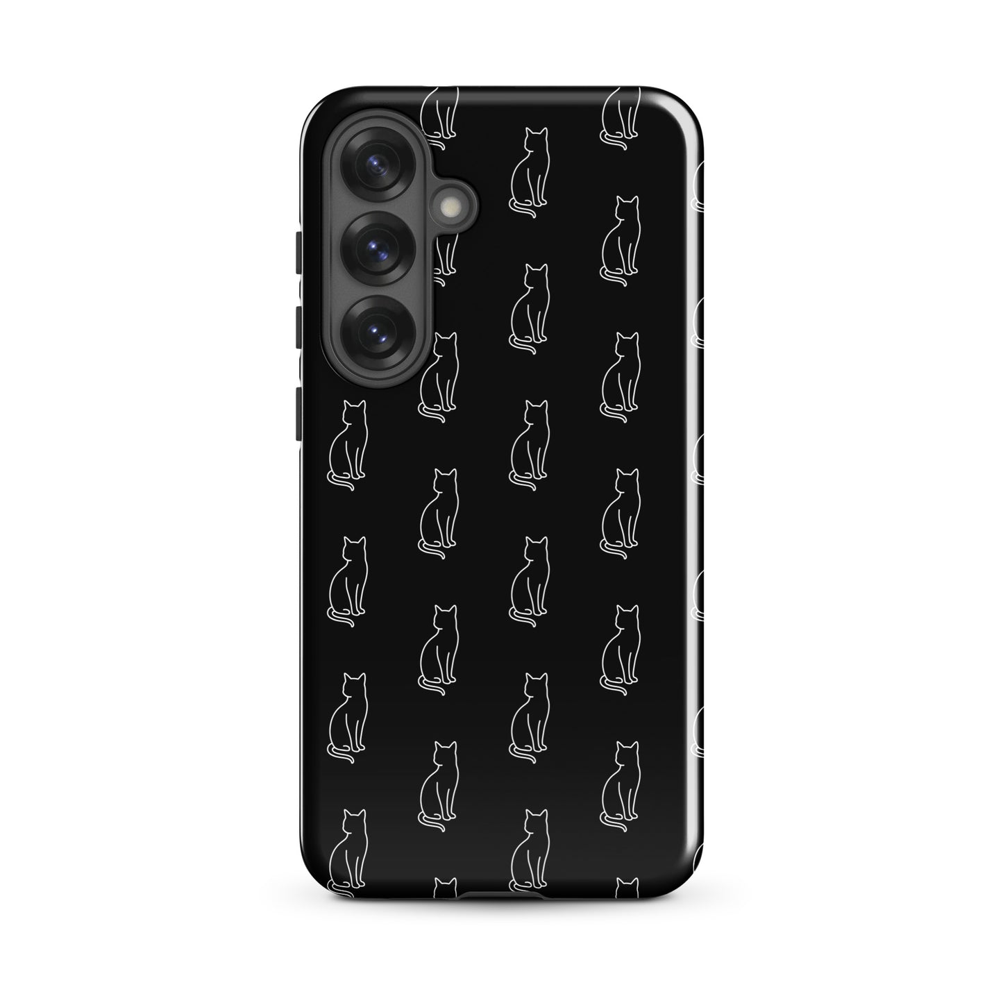 Phone Case for Samsung Galaxy featuring minimalist sitting cat pattern on a sleek black background.