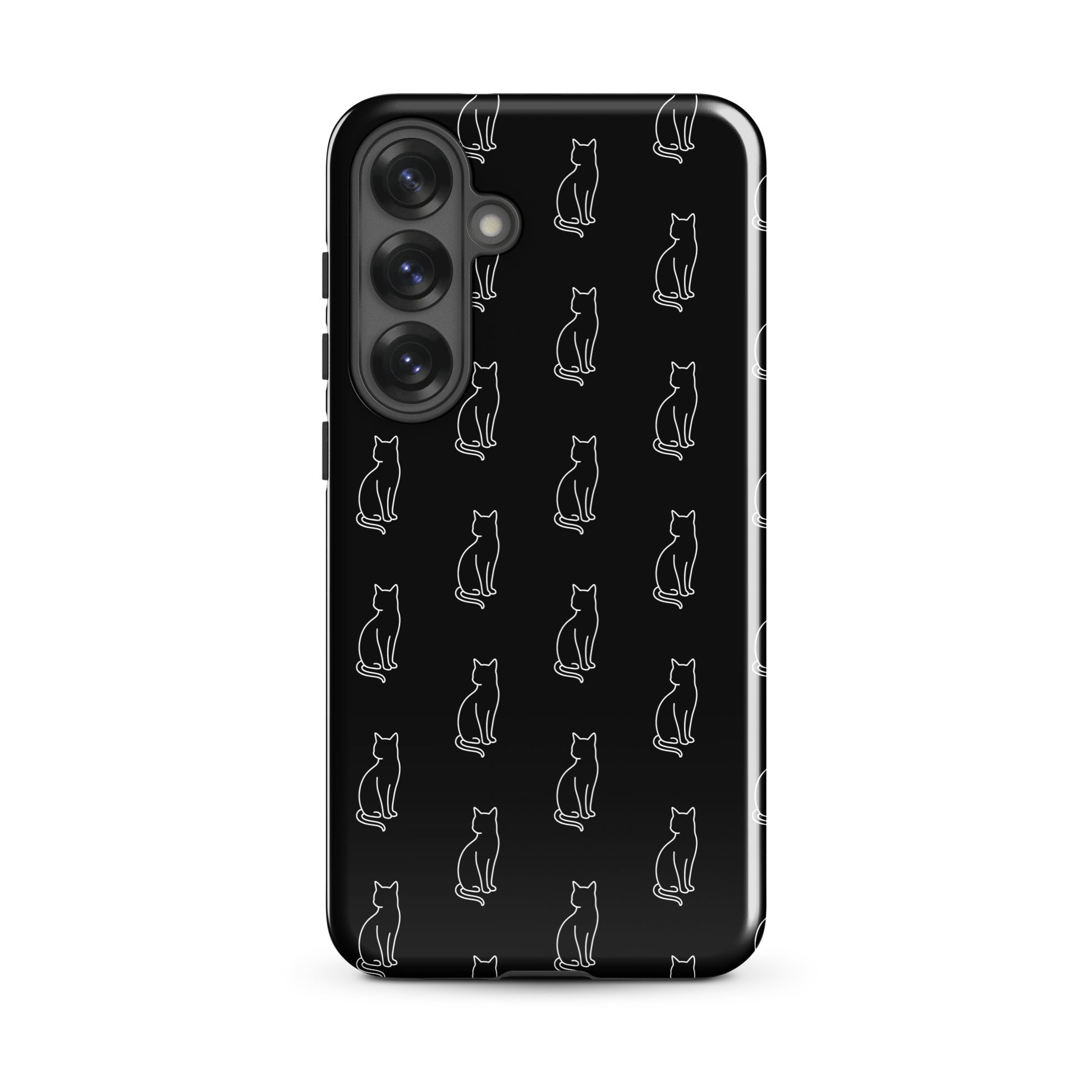 Phone Case for Samsung Galaxy featuring minimalist sitting cat pattern on a sleek black background.