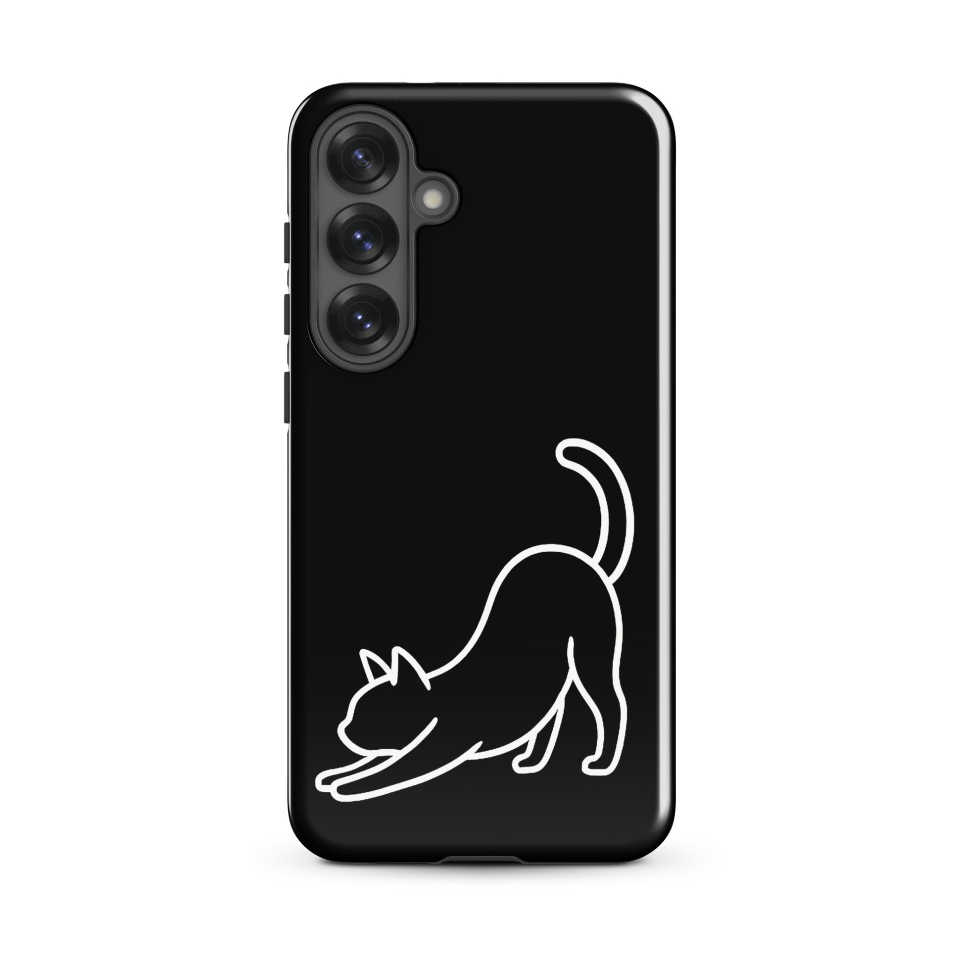 Phone Case for Samsung Galaxy featuring a minimalist stretching cat design on a sleek black background.
