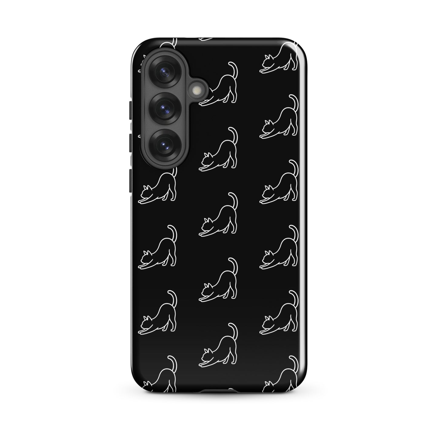 Phone Case for Samsung Galaxy featuring a minimalist pattern of stretching cats on a black background.