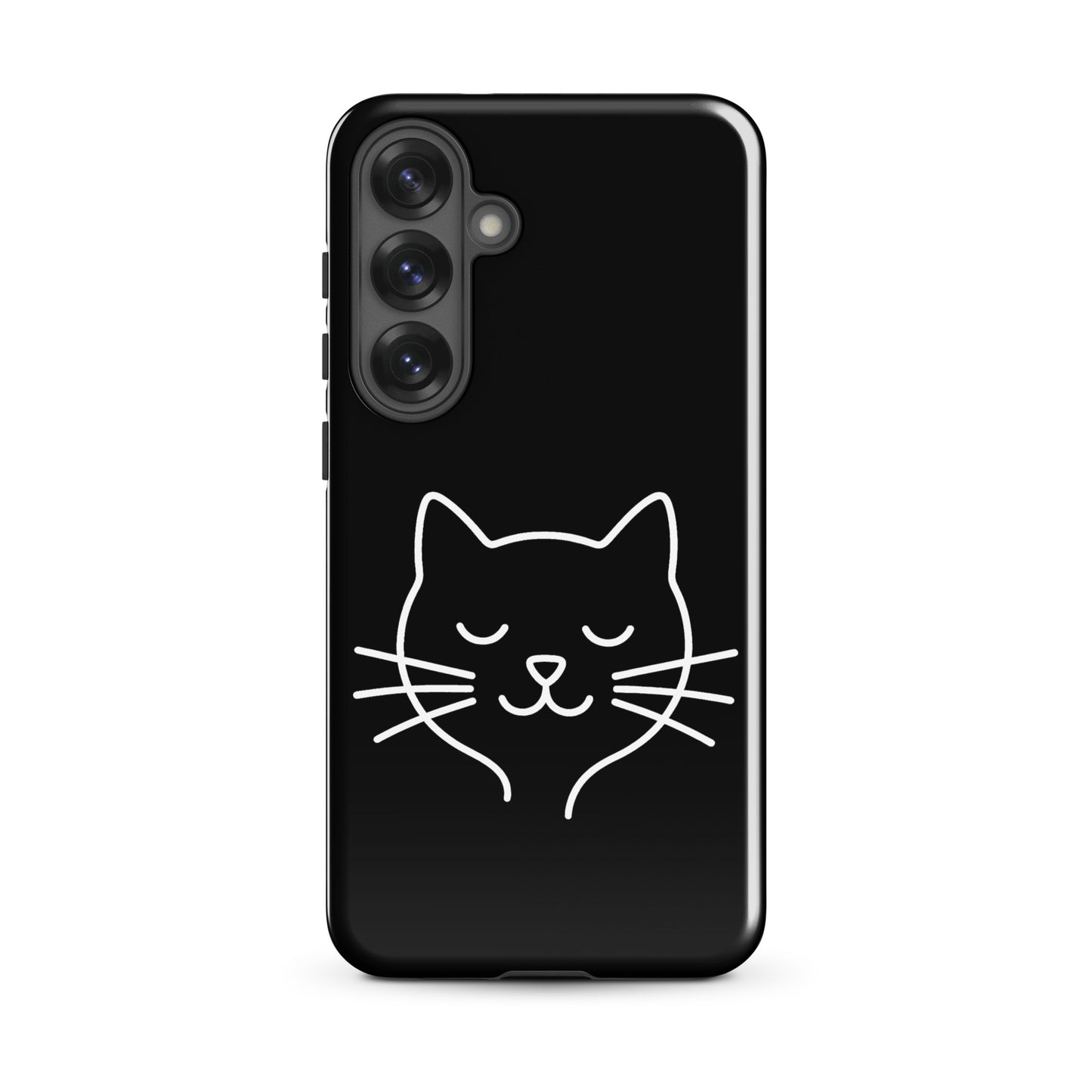 Phone Case for Samsung Galaxy featuring cute minimalist cat line art design on a black background.