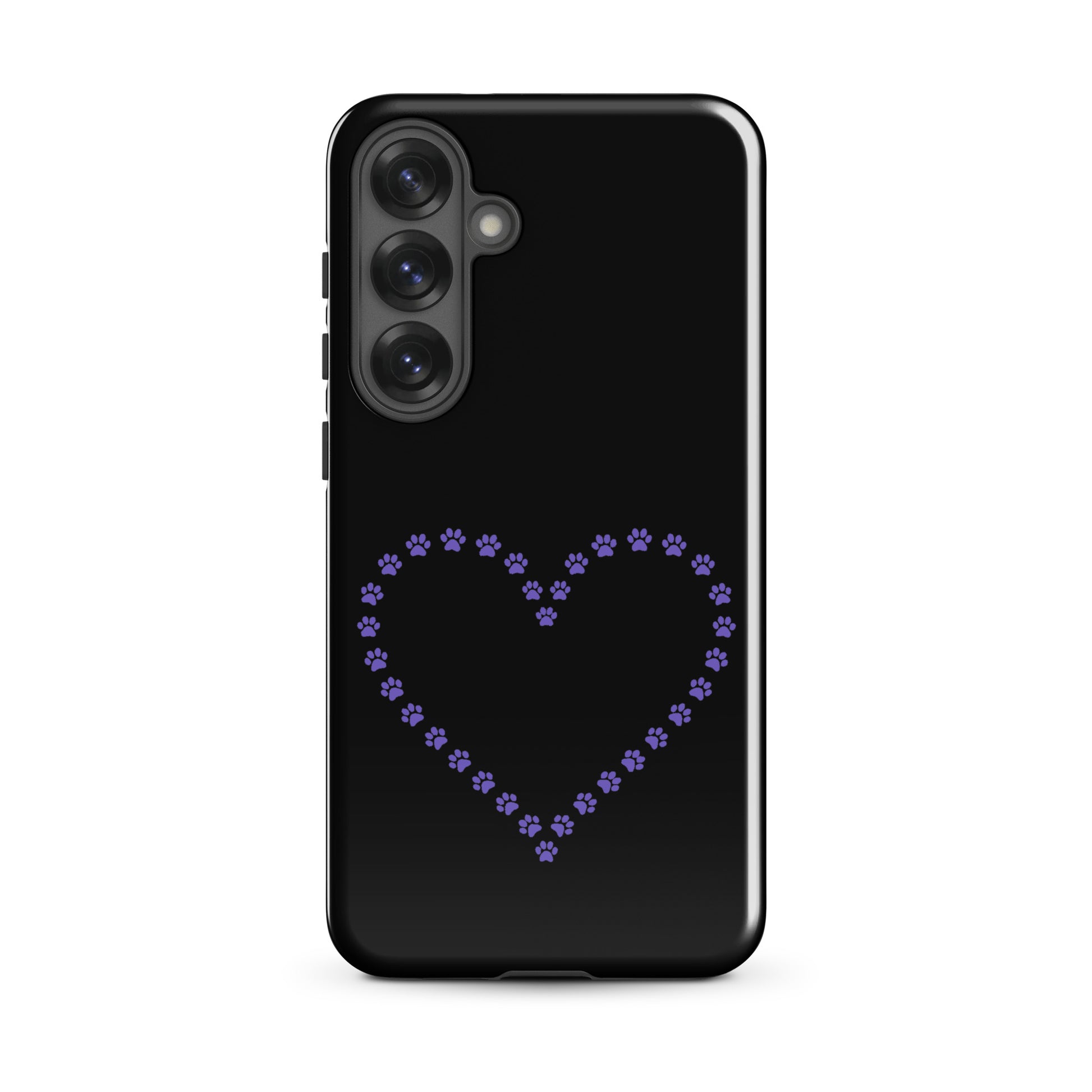 Phone Case for Samsung Galaxy with purple paw print heart design for pet lovers.
