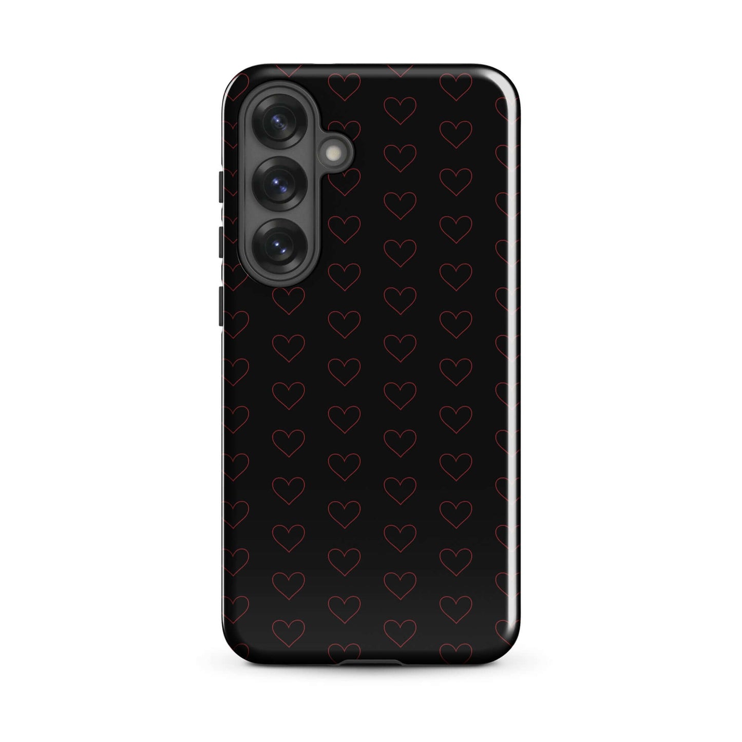 Phone Case for Samsung Galaxy with crimson heart pattern on a sleek black background.
