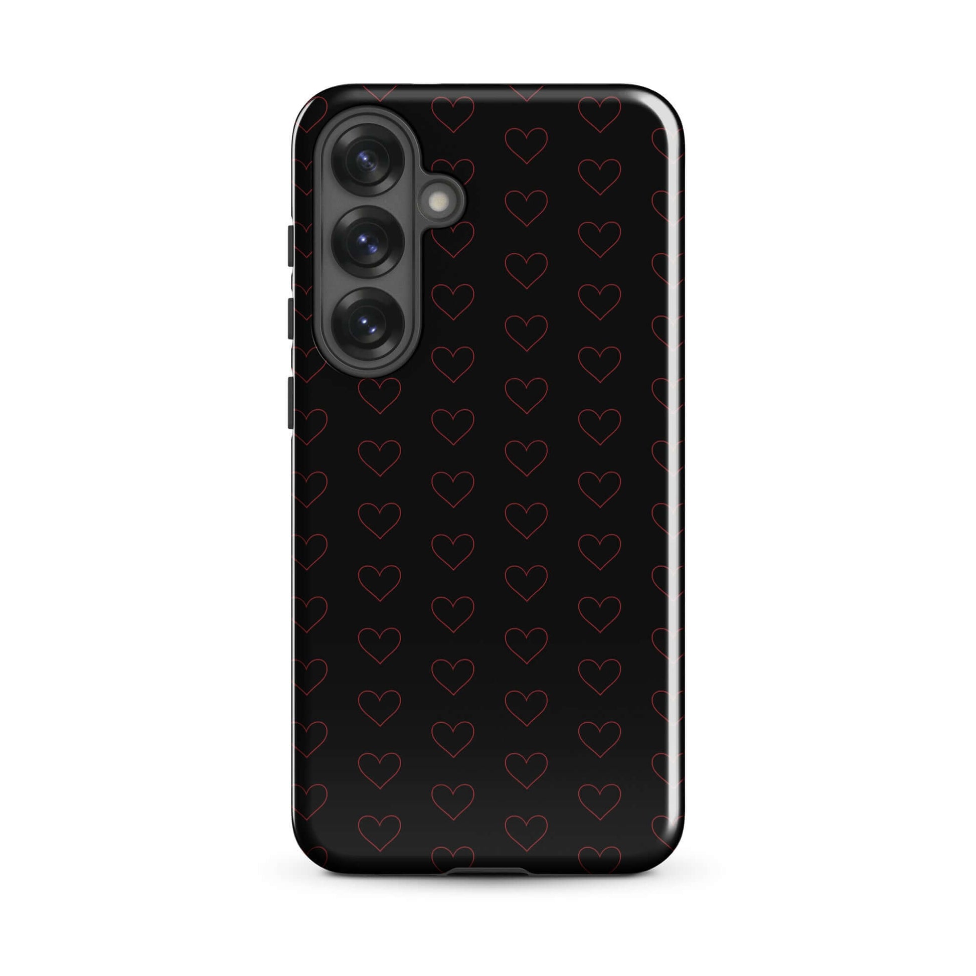 Phone Case for Samsung Galaxy with crimson heart pattern on a sleek black background.