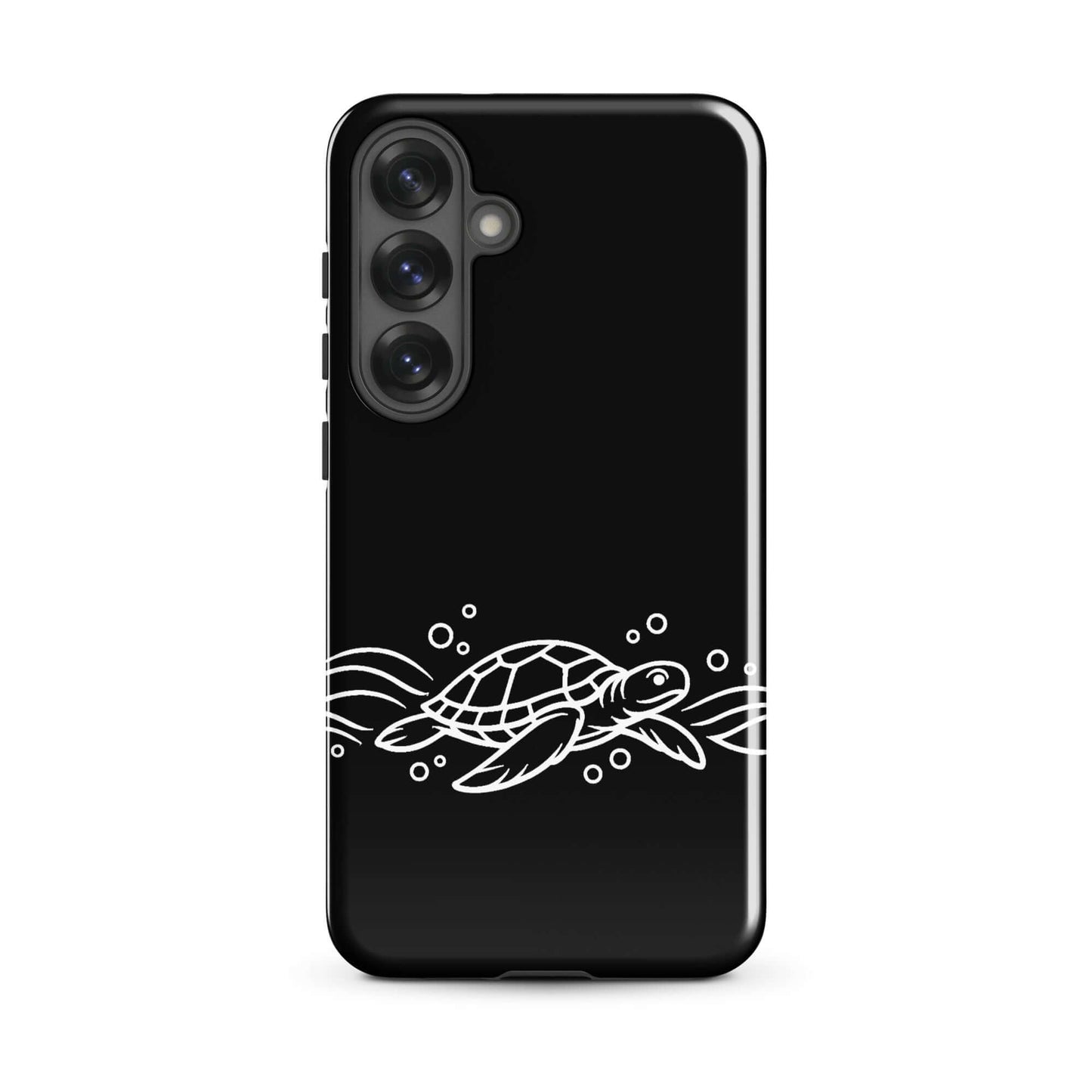 Phone Case for Samsung Galaxy featuring a minimalist sea turtle and waves design on a sleek black background.
