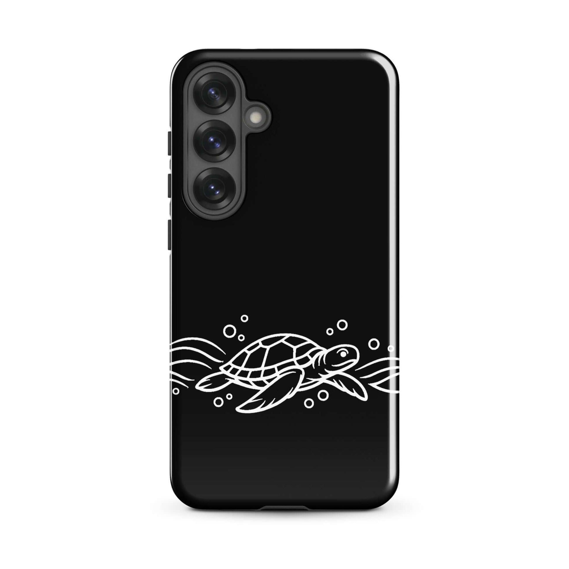 Phone Case for Samsung Galaxy featuring a minimalist sea turtle and waves design on a sleek black background.
