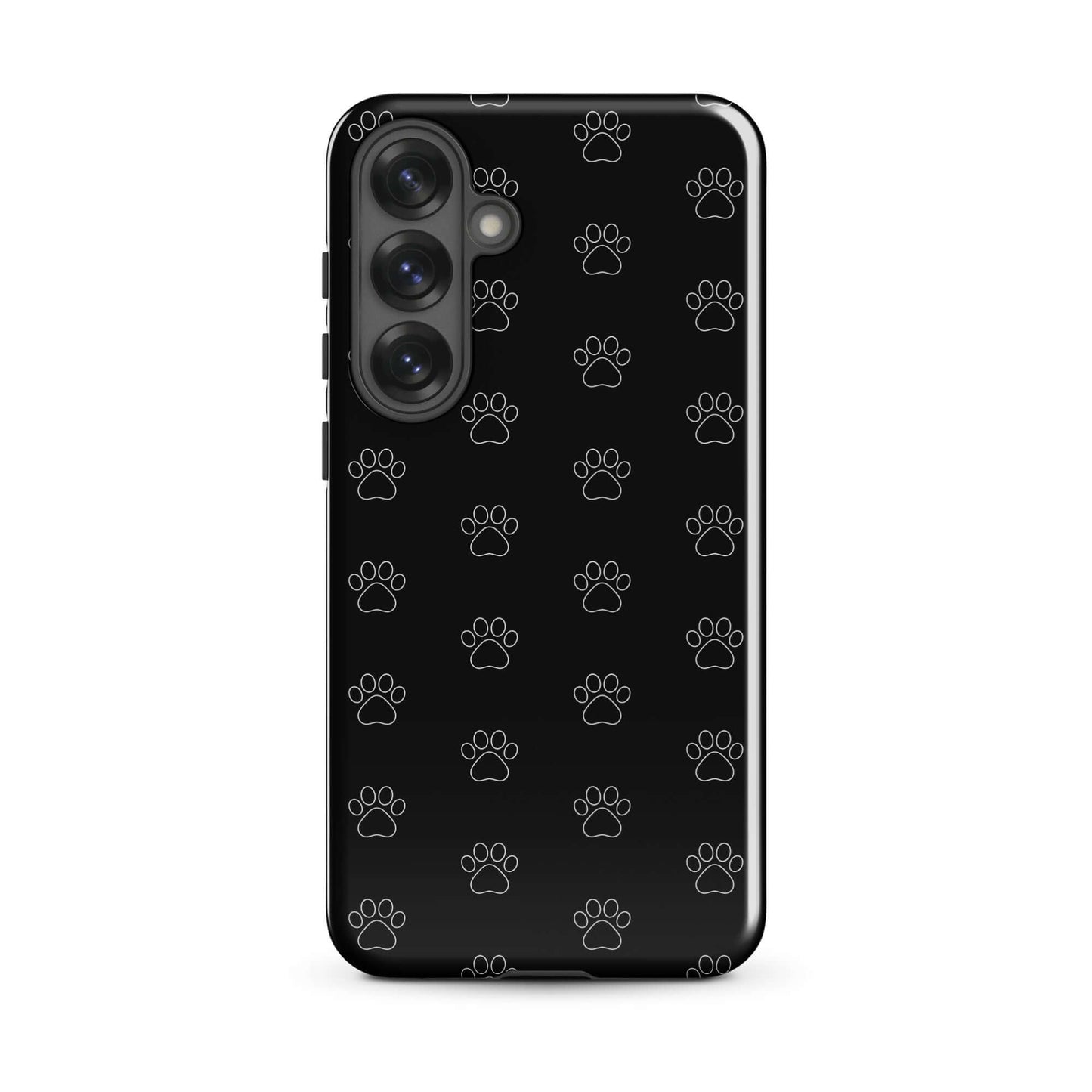 Phone Case for Samsung Galaxy featuring a playful paw print pattern on a sleek black background.