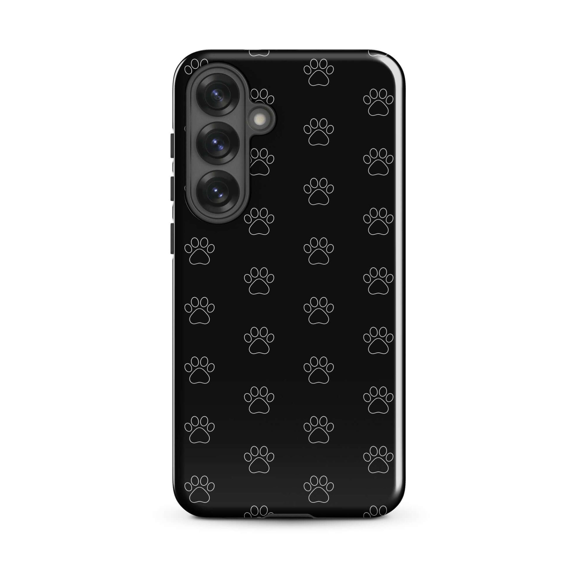 Phone Case for Samsung Galaxy featuring a playful paw print pattern on a sleek black background.