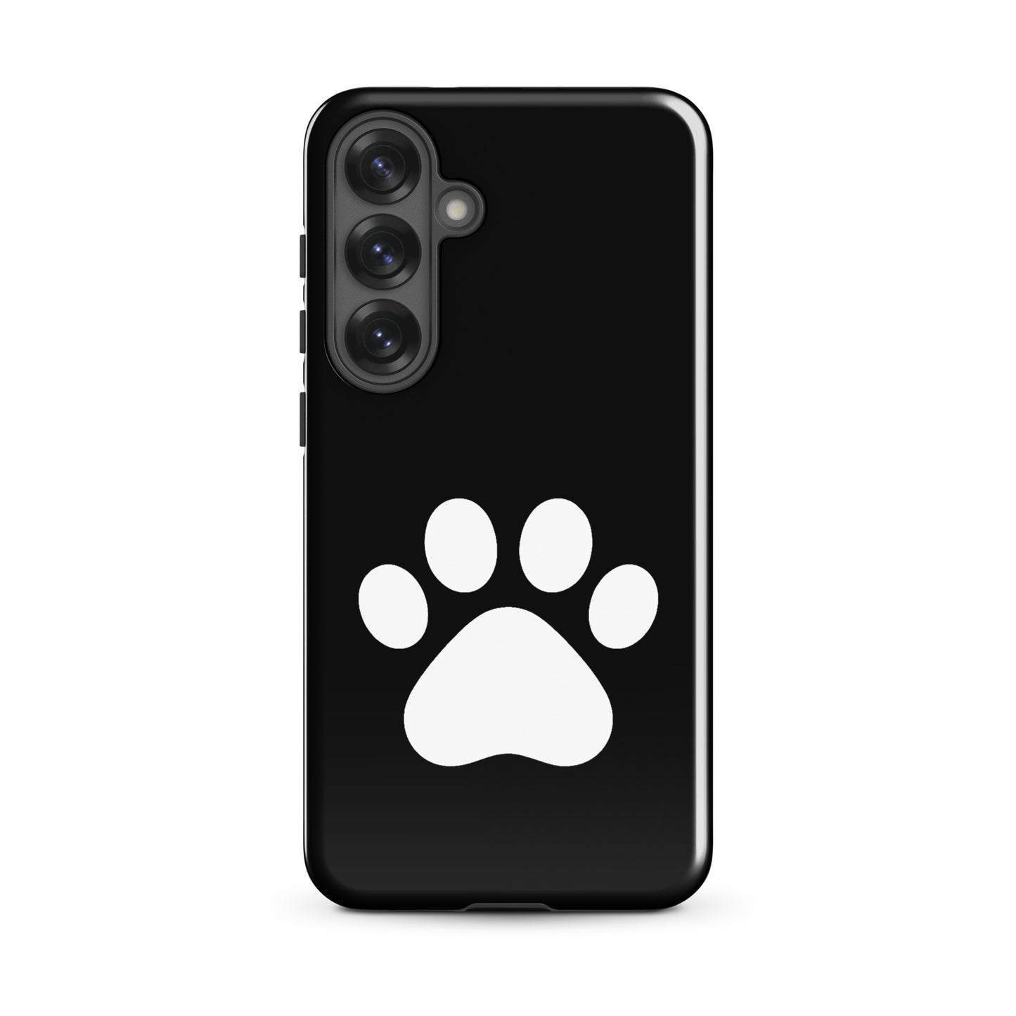 Phone Case for Samsung Galaxy with sleek black design and minimalist white paw print, perfect for pet lovers.