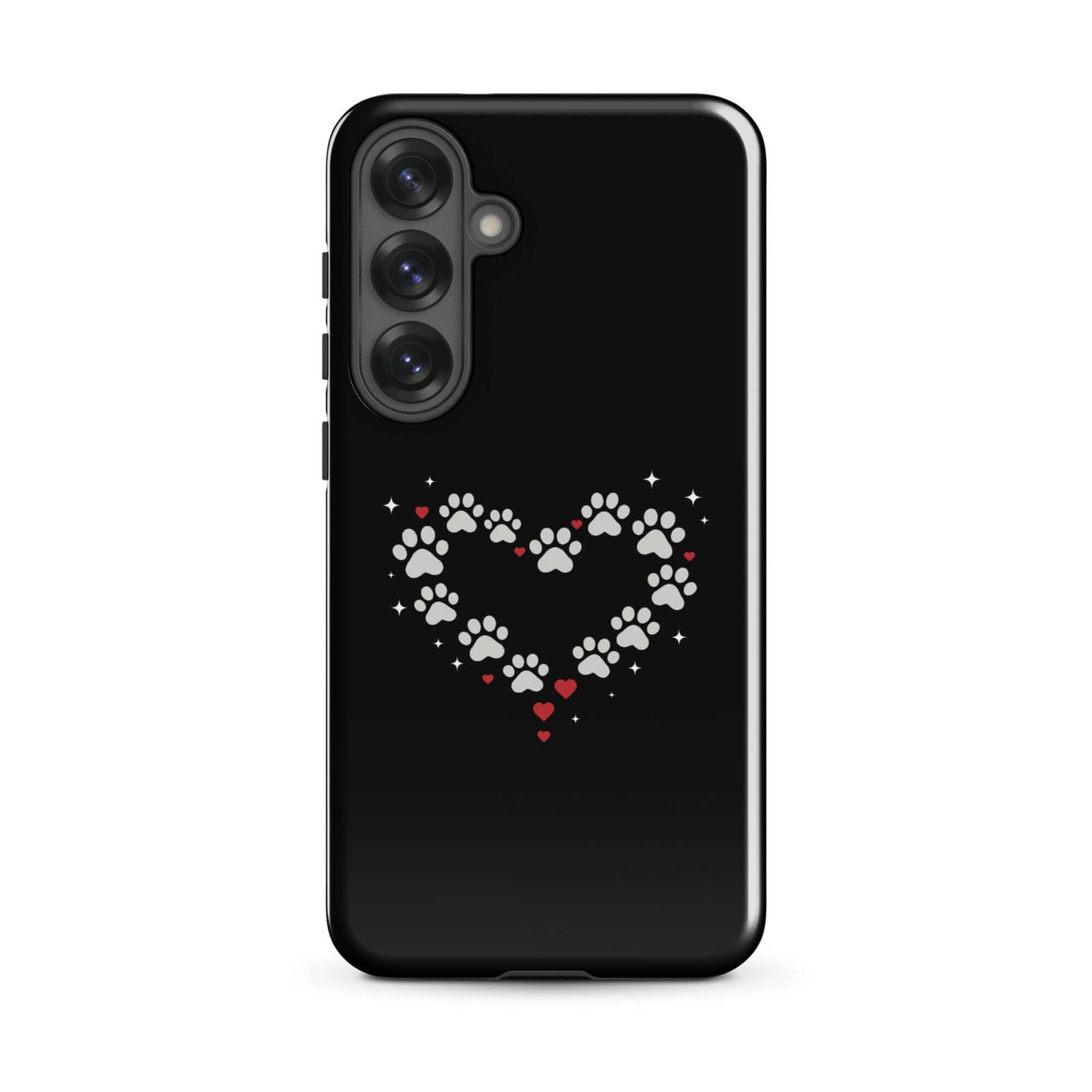 Phone Case for Samsung Galaxy featuring a paw-print heart design on a black background.