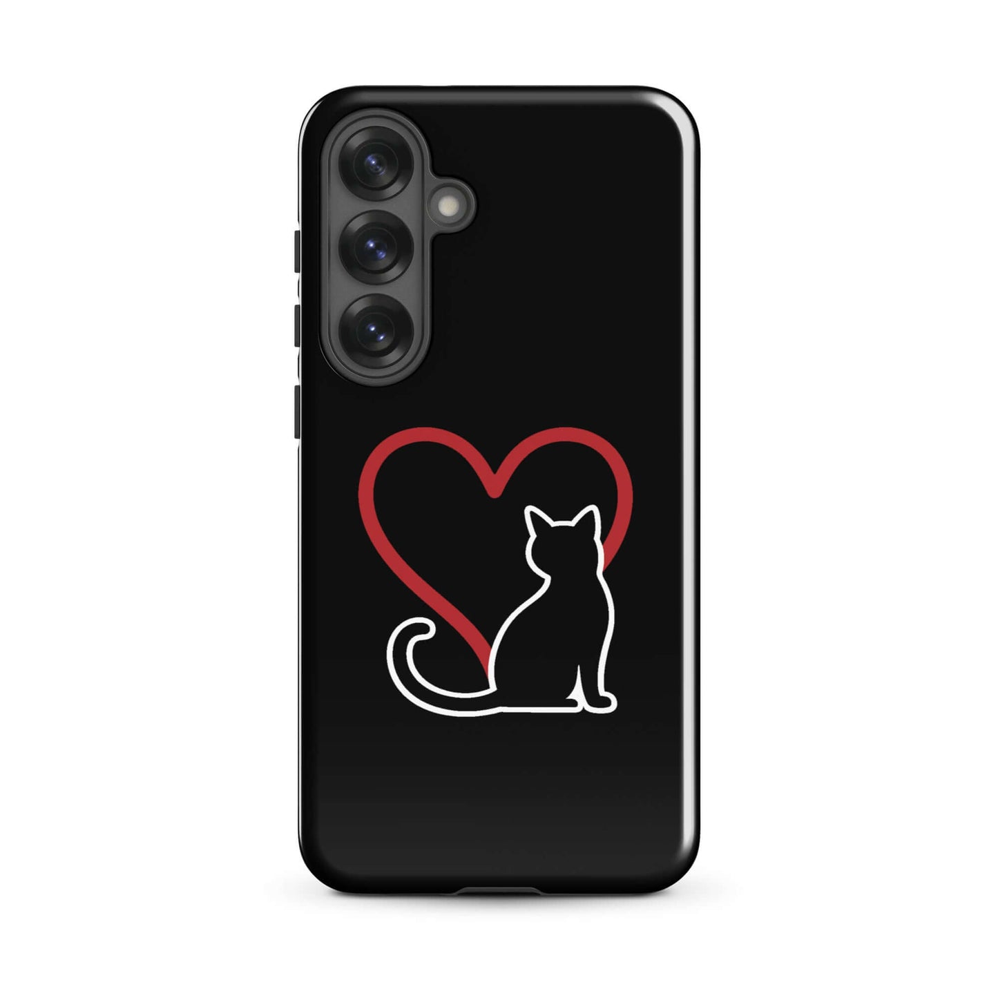 Phone Case for Samsung Galaxy featuring a black cat silhouette and a red heart design.