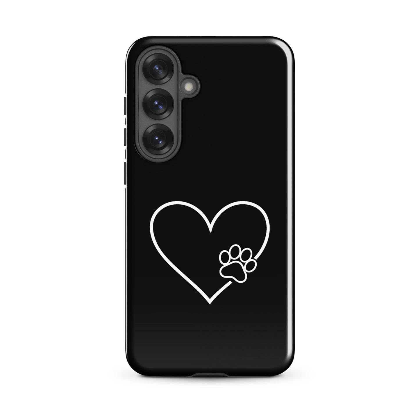Phone Case for Samsung Galaxy with elegant heart and paw print design, featuring white heart outline and black paw print for pet lovers.