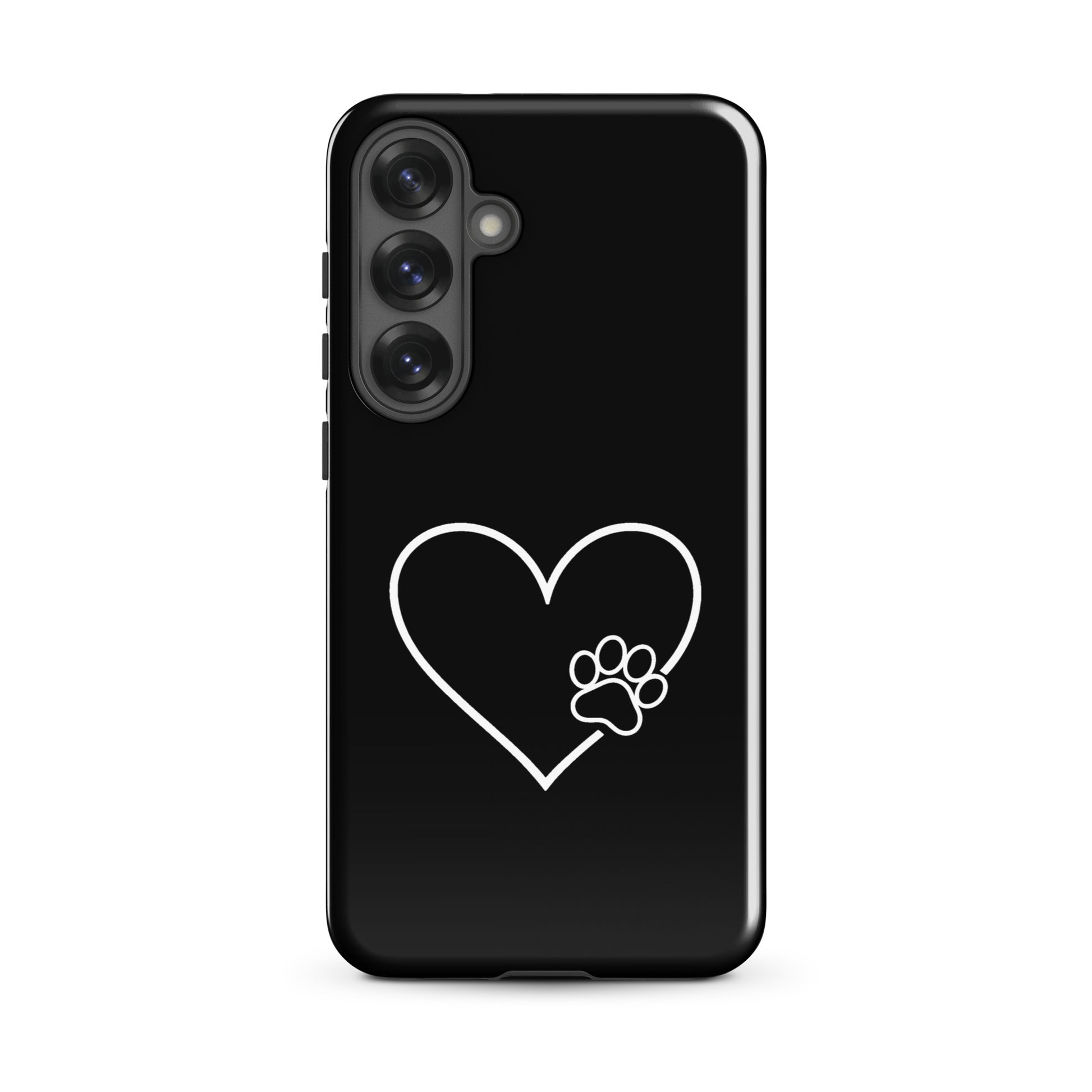 Phone Case for Samsung Galaxy with elegant heart and paw print design, featuring white heart outline and black paw print for pet lovers.