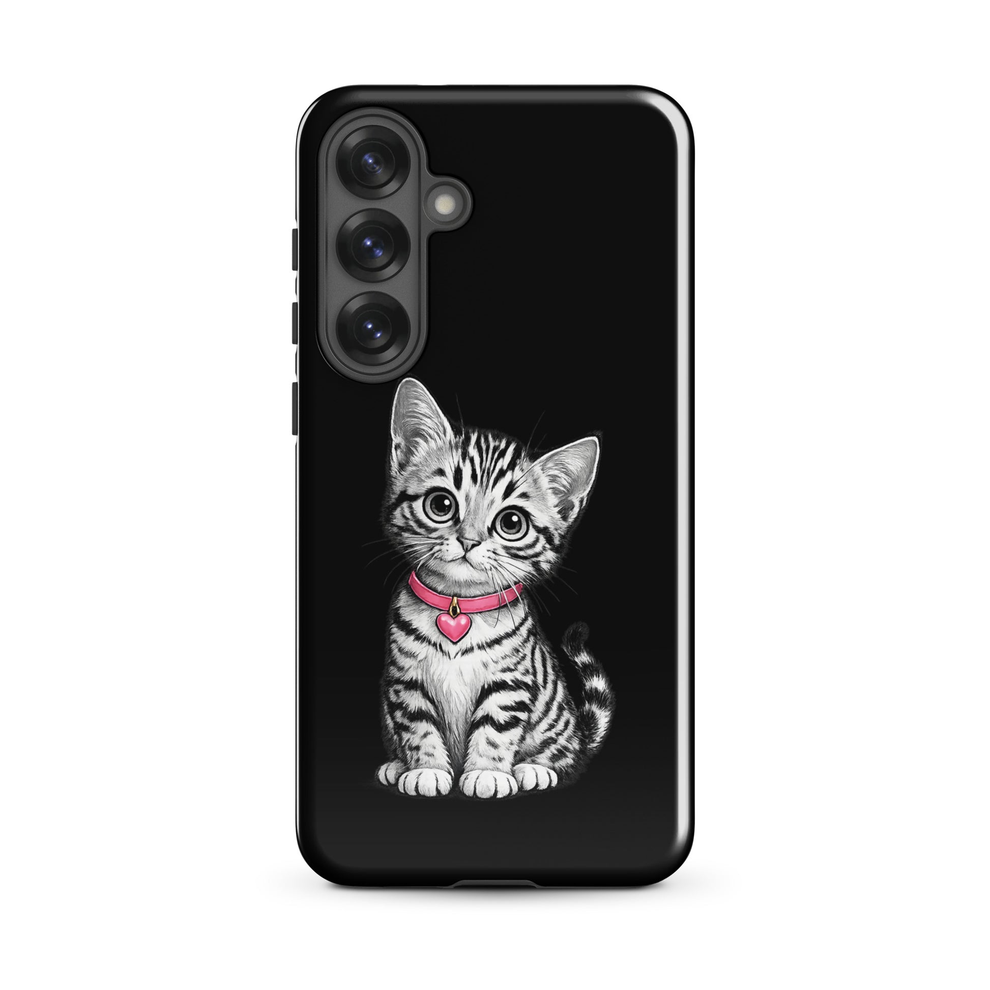 Phone Case for Samsung Galaxy featuring kitten with pink heart charm and pencil-sketch design.
