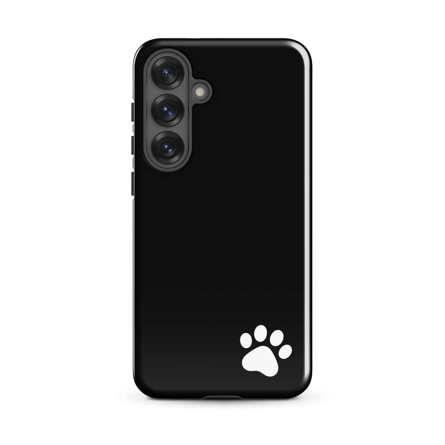 Phone Case for Samsung Galaxy with black design and white paw print in bottom corner, minimalist style.