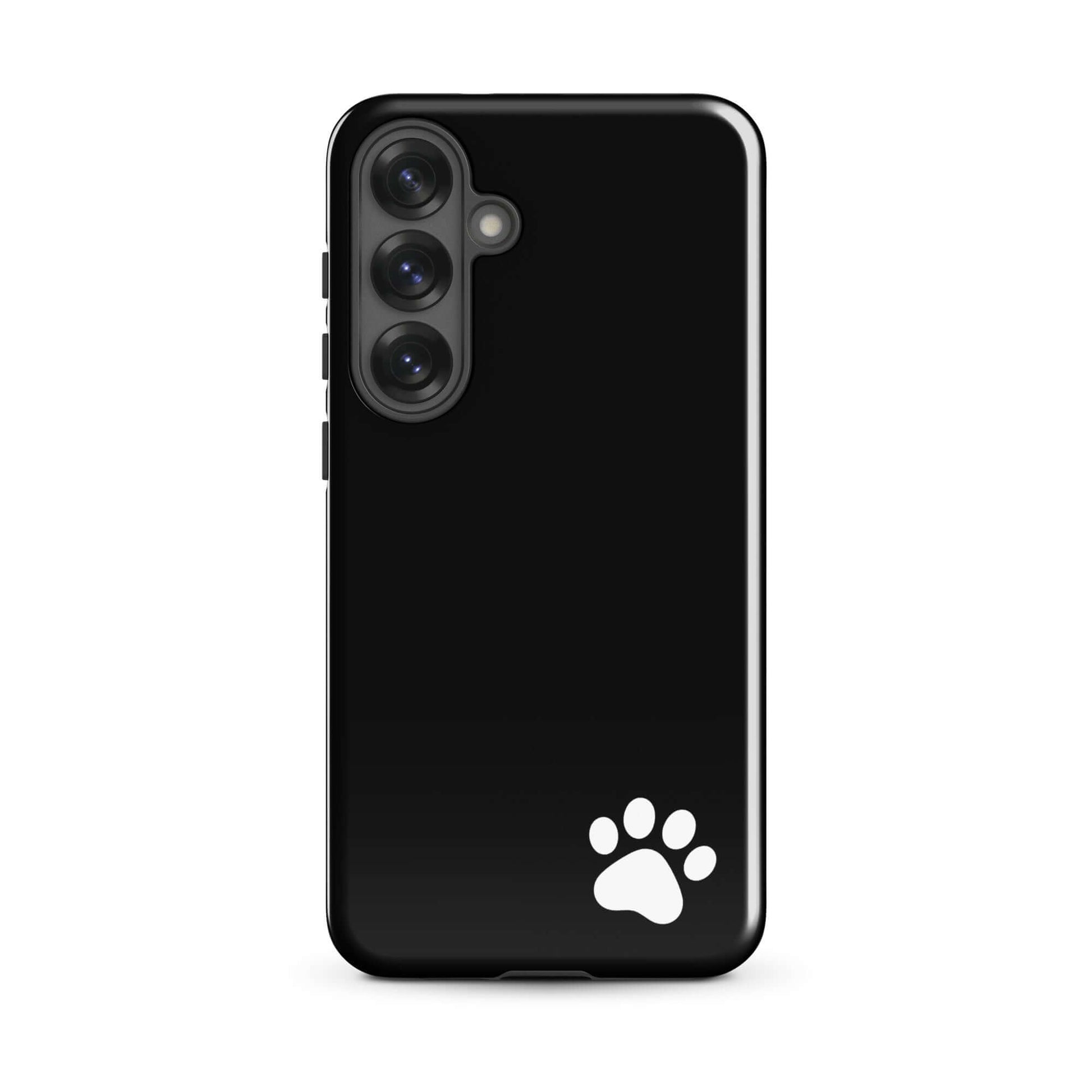 Phone Case for Samsung Galaxy with black design and white paw print in bottom corner, minimalist style.