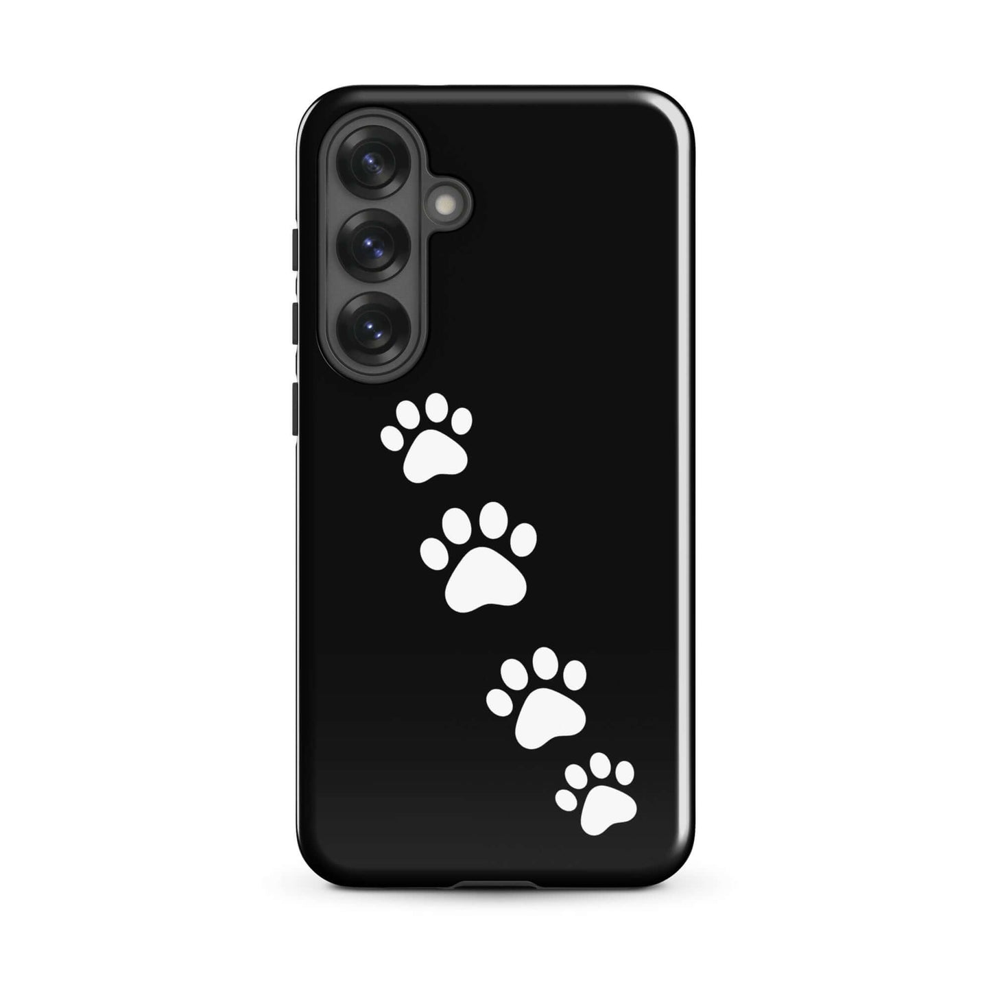 Phone case for Samsung Galaxy featuring white paw prints on a sleek black background, ideal for playful pet lovers.