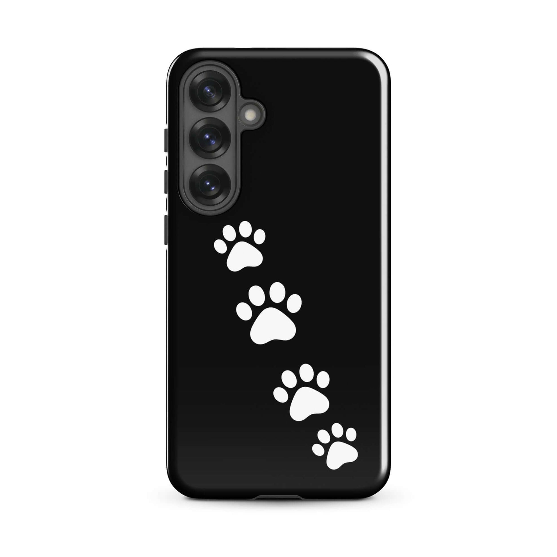 Phone case for Samsung Galaxy featuring white paw prints on a sleek black background, ideal for playful pet lovers.