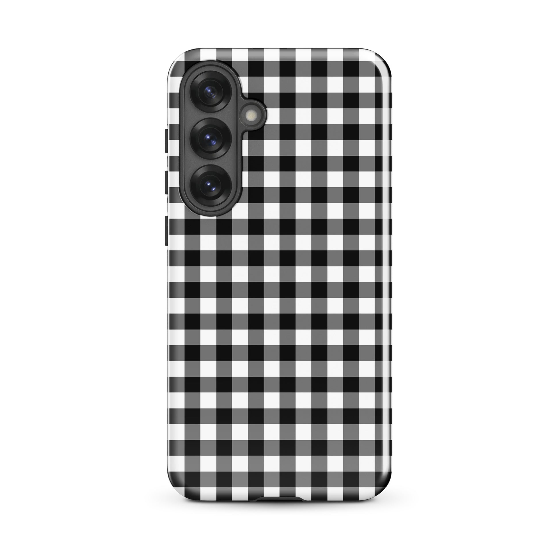 Phone Case for Samsung Galaxy with black-and-white gingham pattern offering style and protection.
