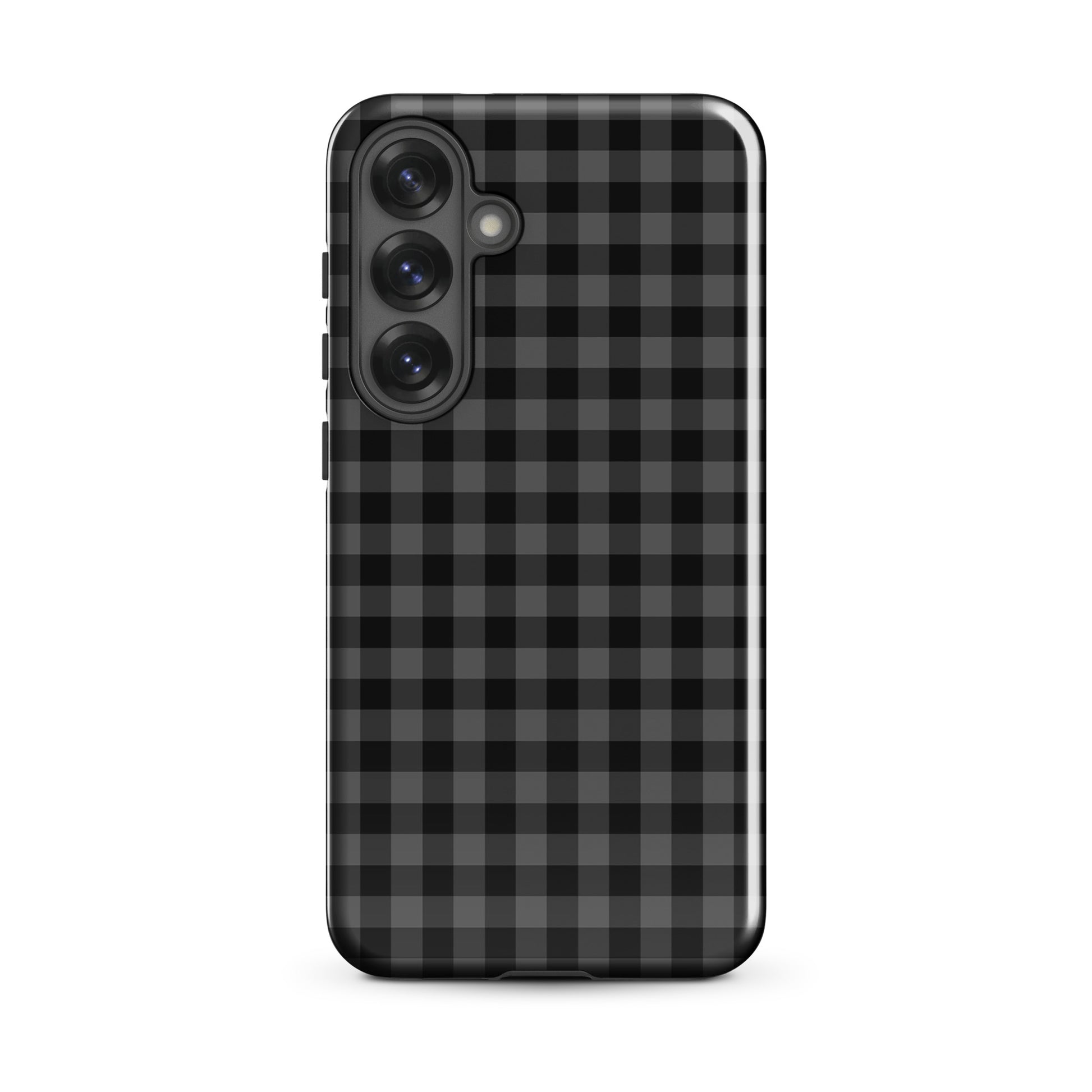 Phone Case for Samsung Galaxy with black and charcoal gingham pattern, offering style and protection.