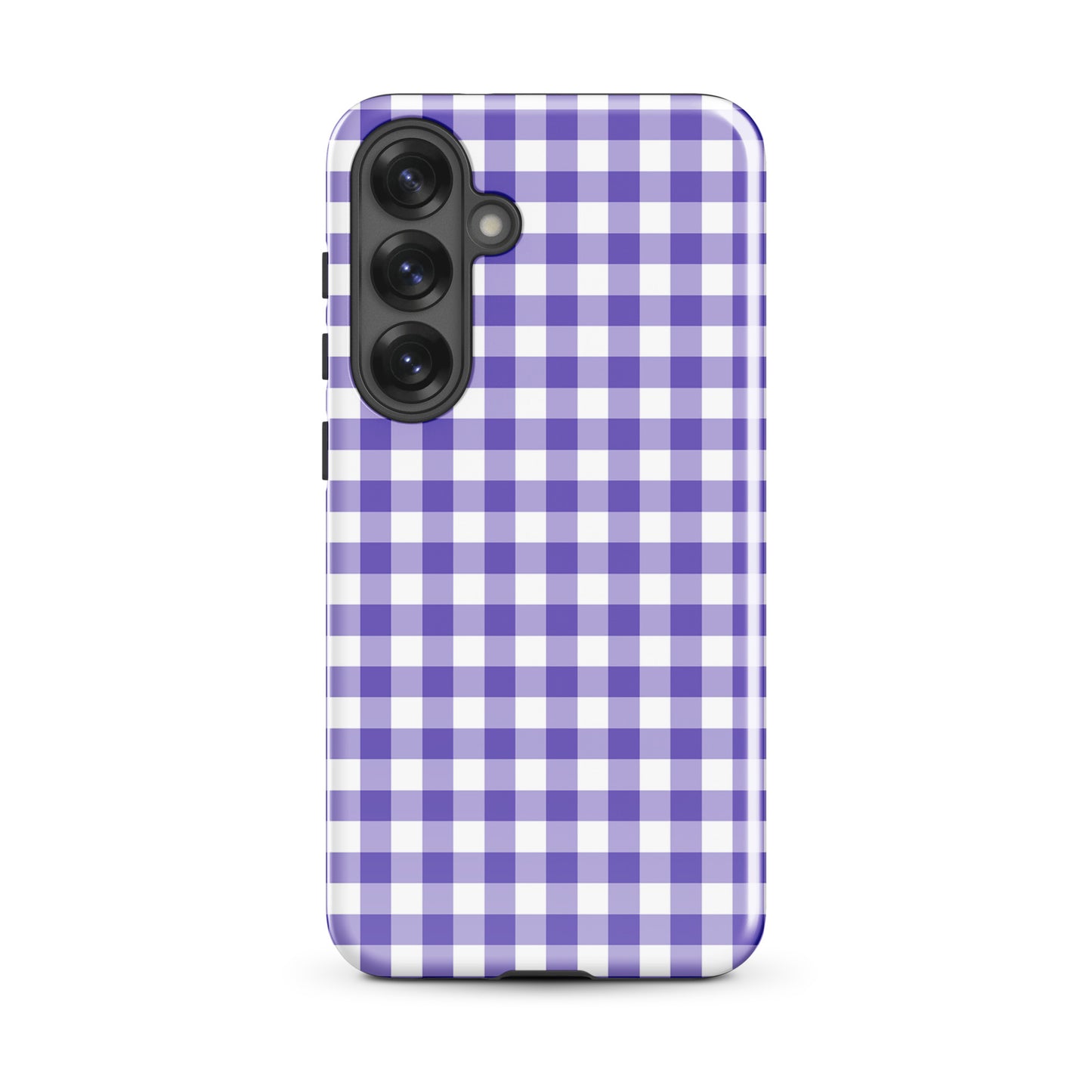 Phone case for Samsung Galaxy with purple and white gingham pattern, offering stylish protection and luxury craftsmanship.