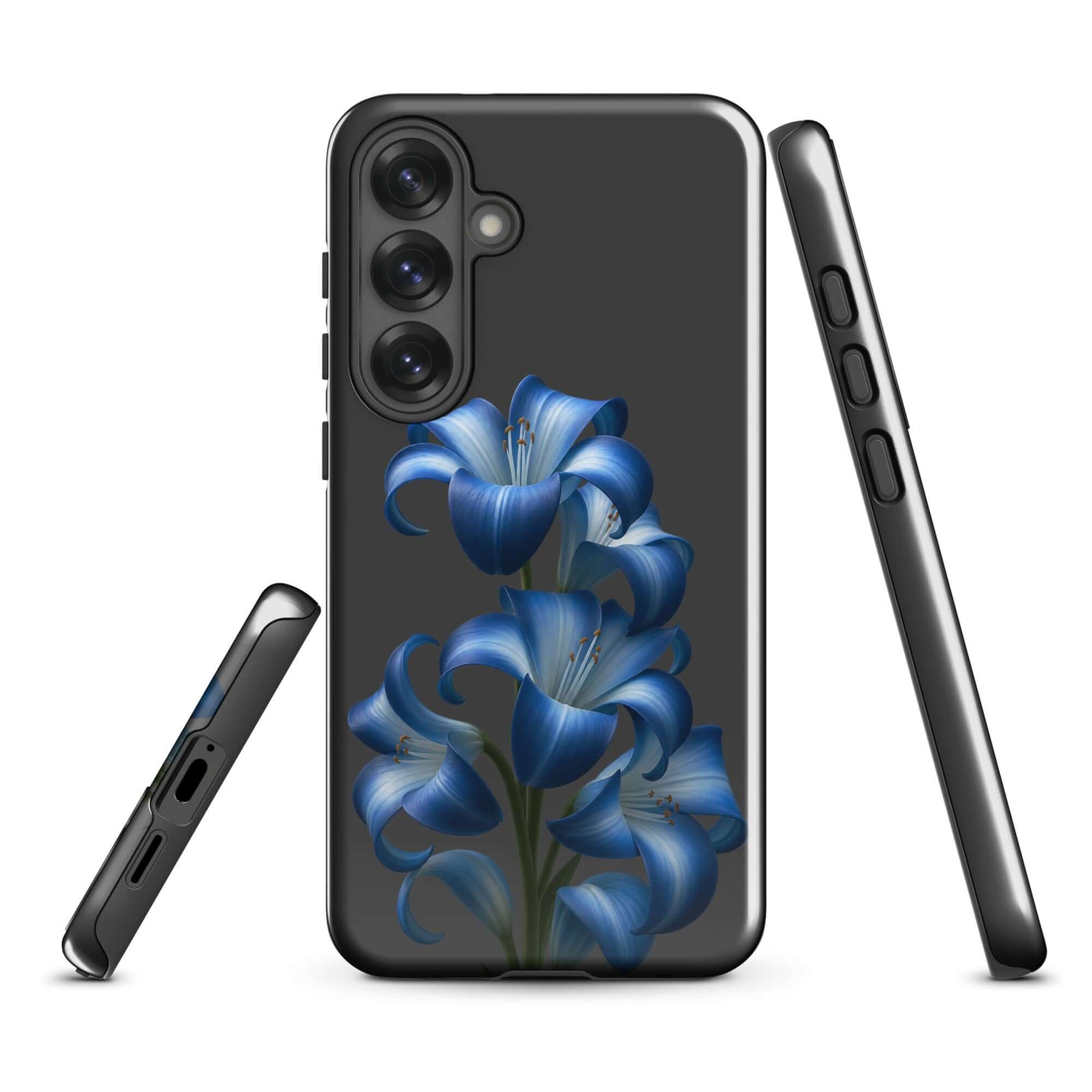 Phone Case for Samsung Galaxy with blue lily bloom on dark background, showcasing stylish floral art and premium protection.