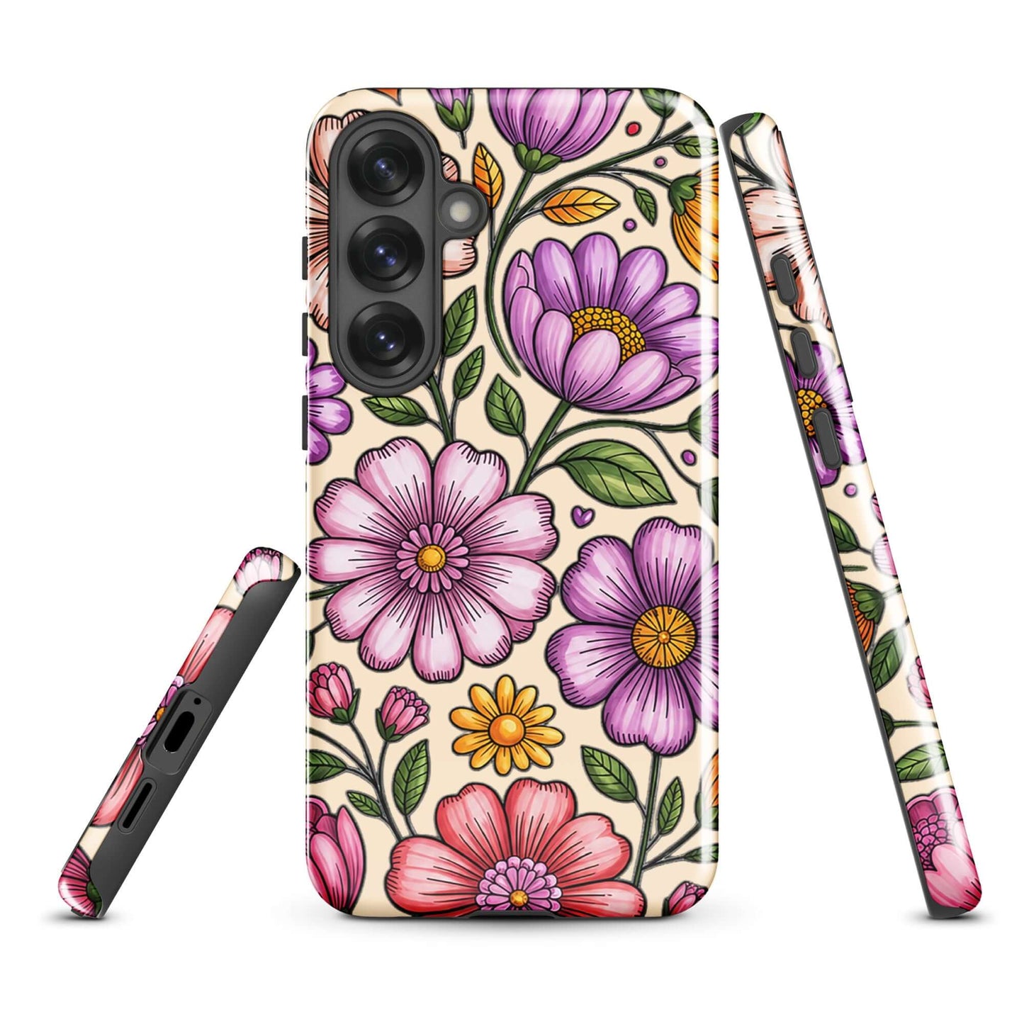 Phone Case for Samsung Galaxy with pastel floral design in pink, peach, lavender, and yellow. Dual-layer protection for impact resistance.