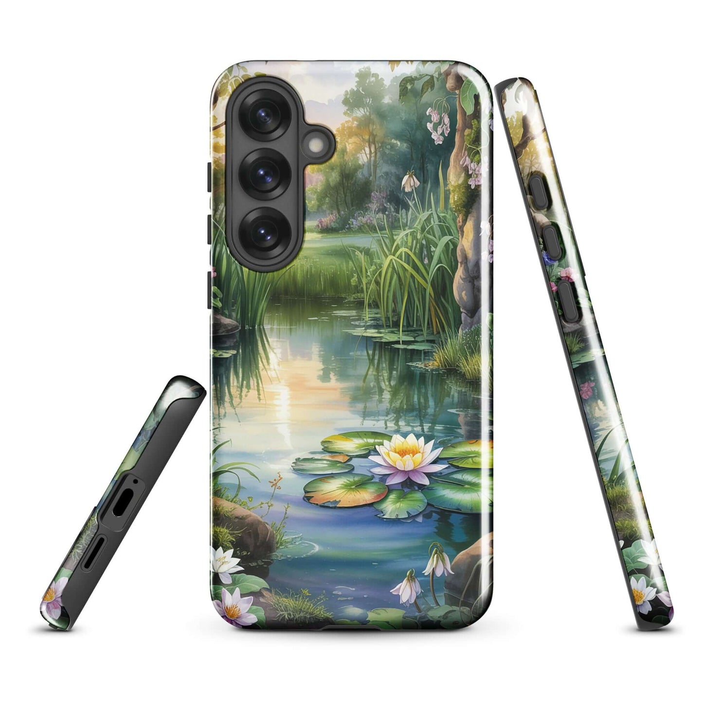Phone Case for Samsung Galaxy with enchanted pond design, featuring lily-dotted water and greenery under a soft sunset light.