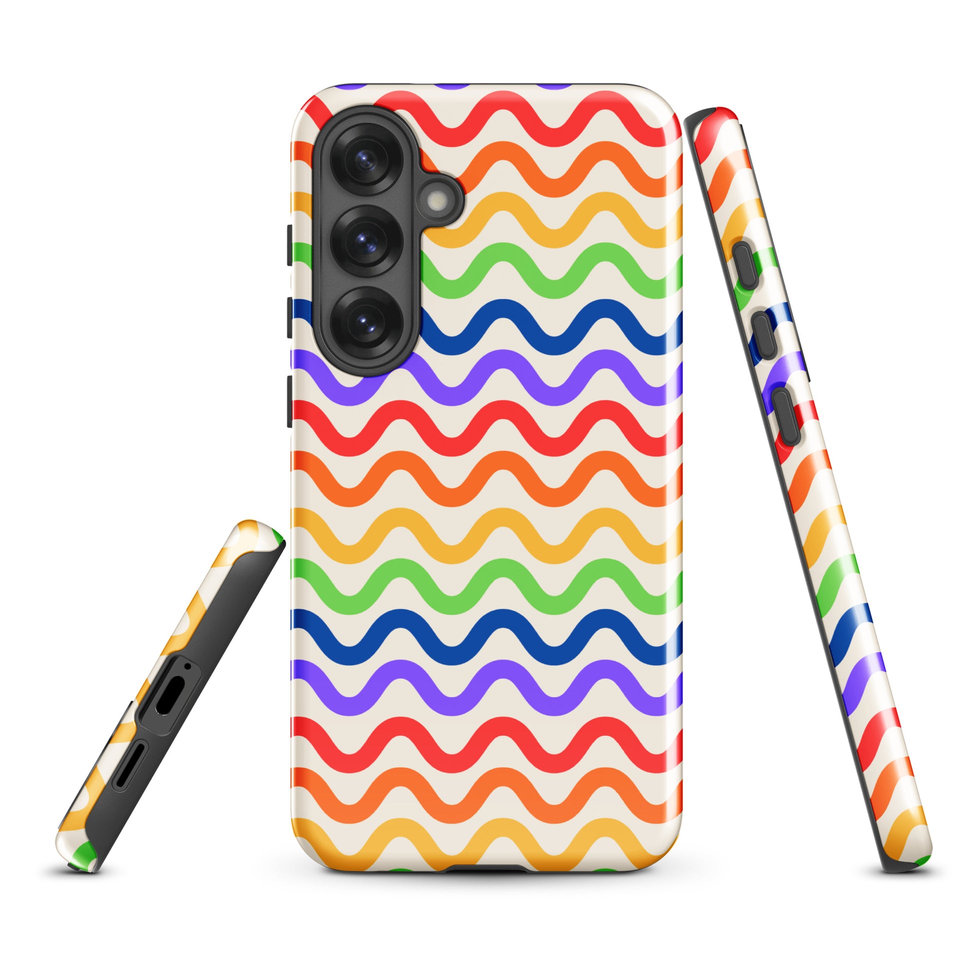 Phone Case for Samsung Galaxy with wavy rainbow pattern in purple, red, orange, yellow, green, and blue on a white backdrop.