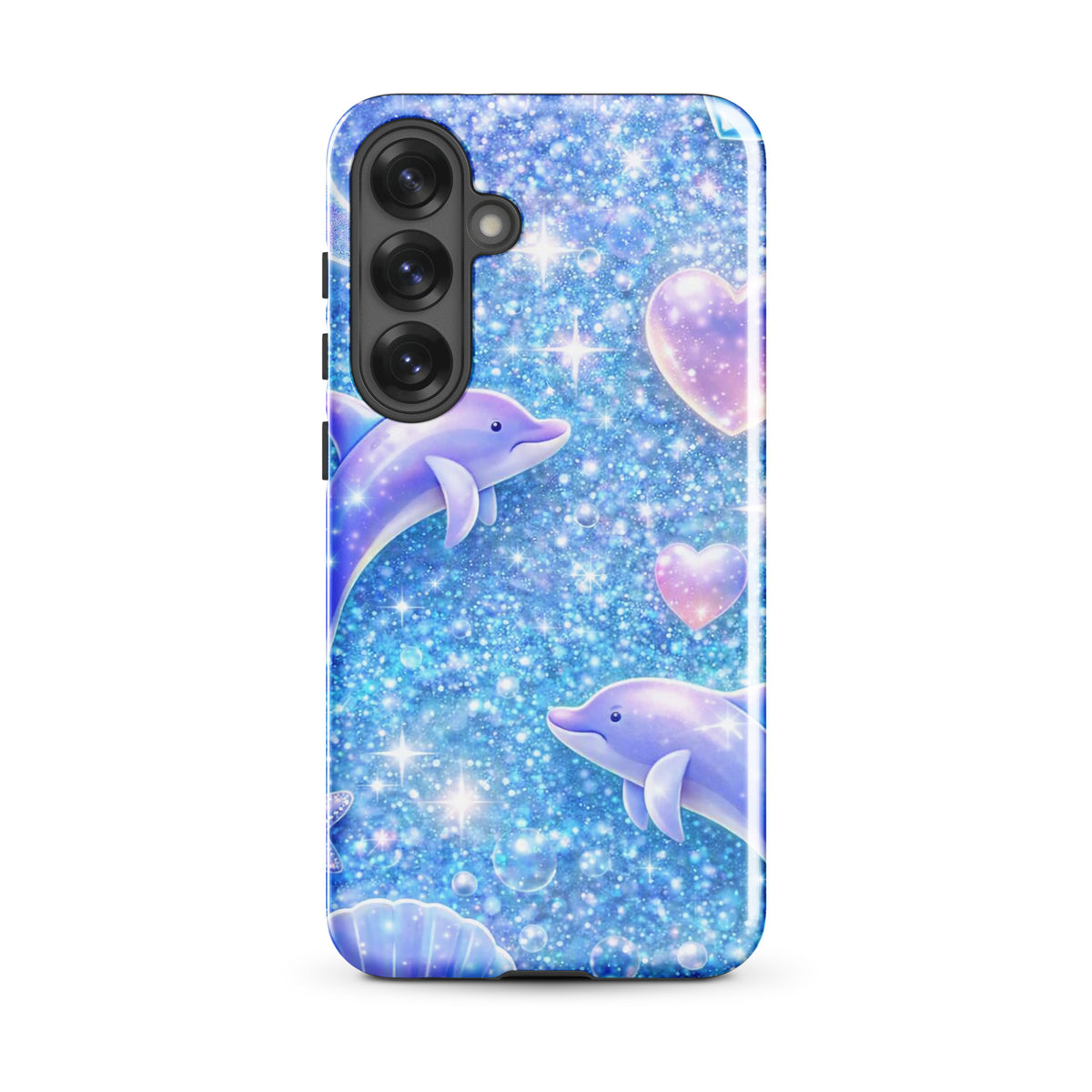 Phone Case for Samsung Galaxy with Ocean Glitter Dolphins design and sparkling celestial accents