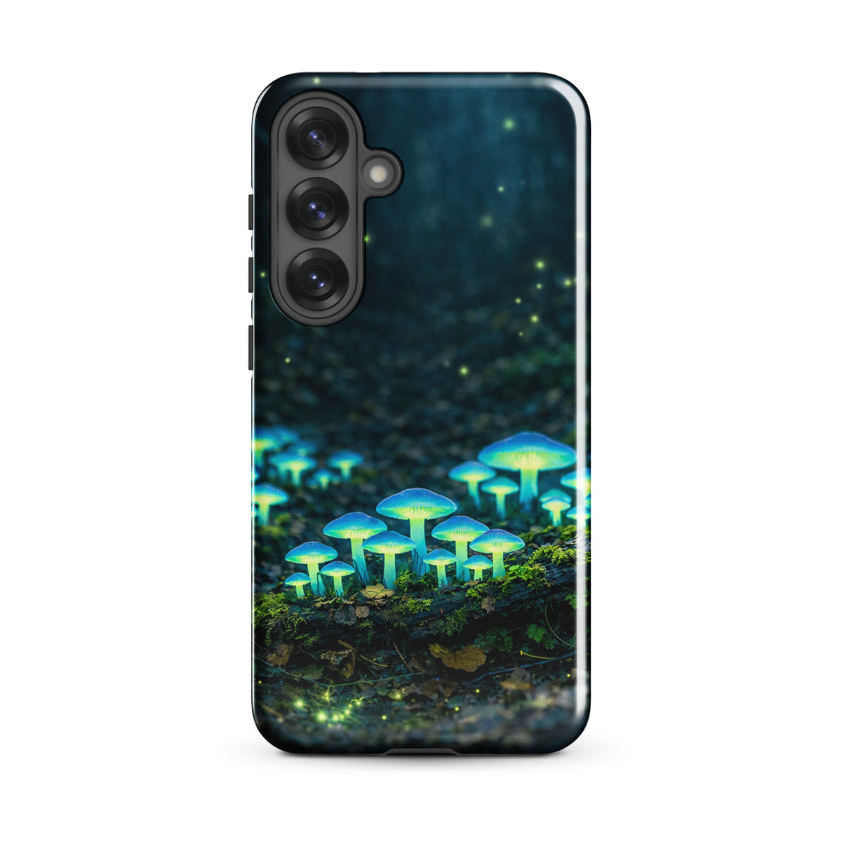Phone Case featuring glowing forest mushrooms with ethereal blue-green bioluminescence, designed for Samsung Galaxy. Magical woodland design.