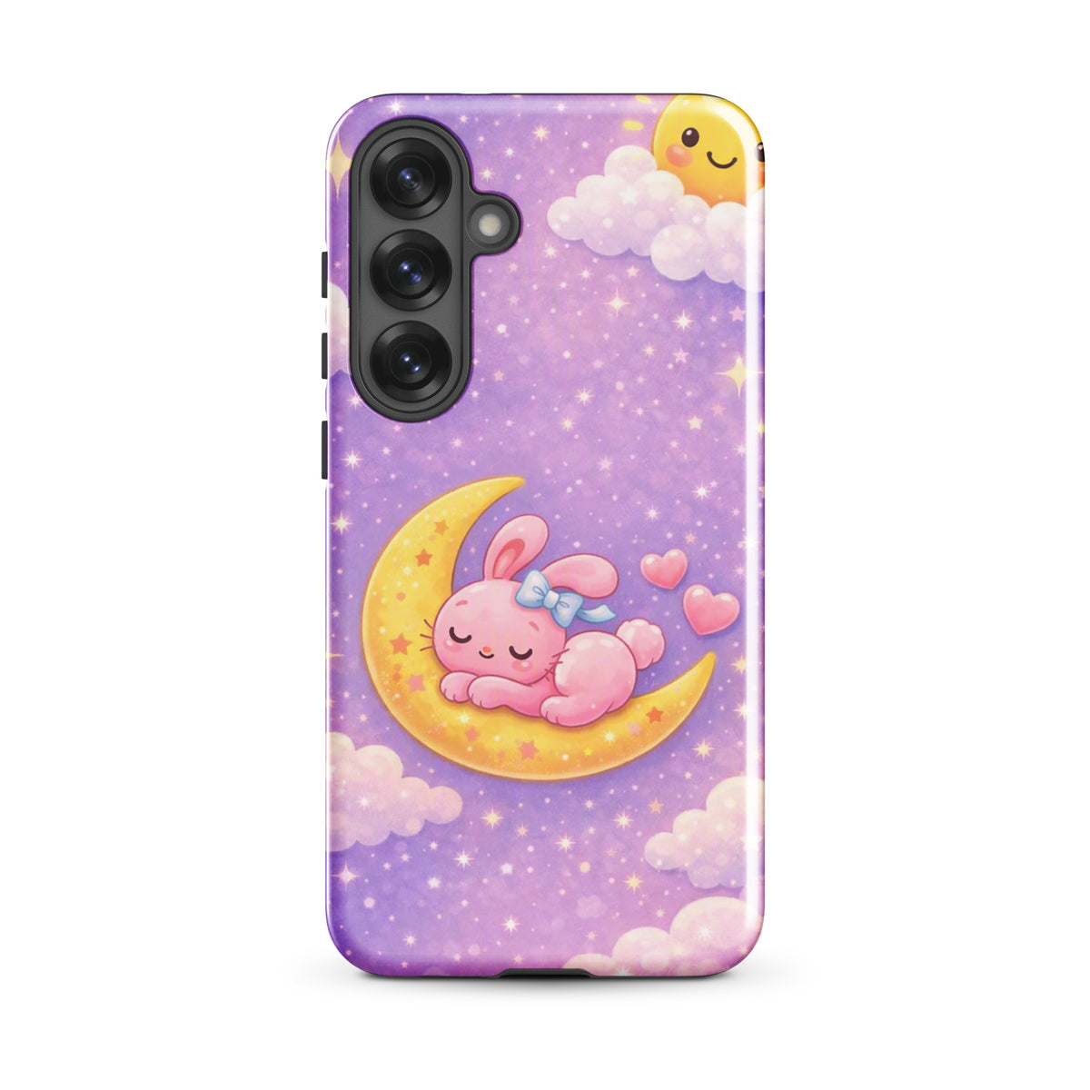 Phone Case for Samsung Galaxy - Cute, Cozy, Dreamy Bunny Moon Design with celestial pink bunny on crescent moon and stars