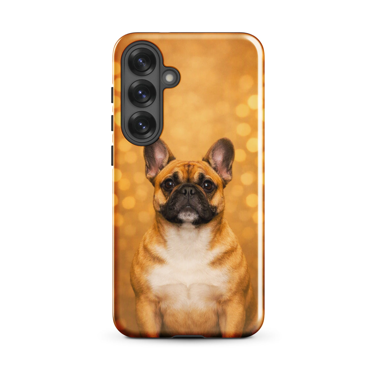 Phone Case featuring French Bulldog portrait on golden bokeh background for Samsung Galaxy.