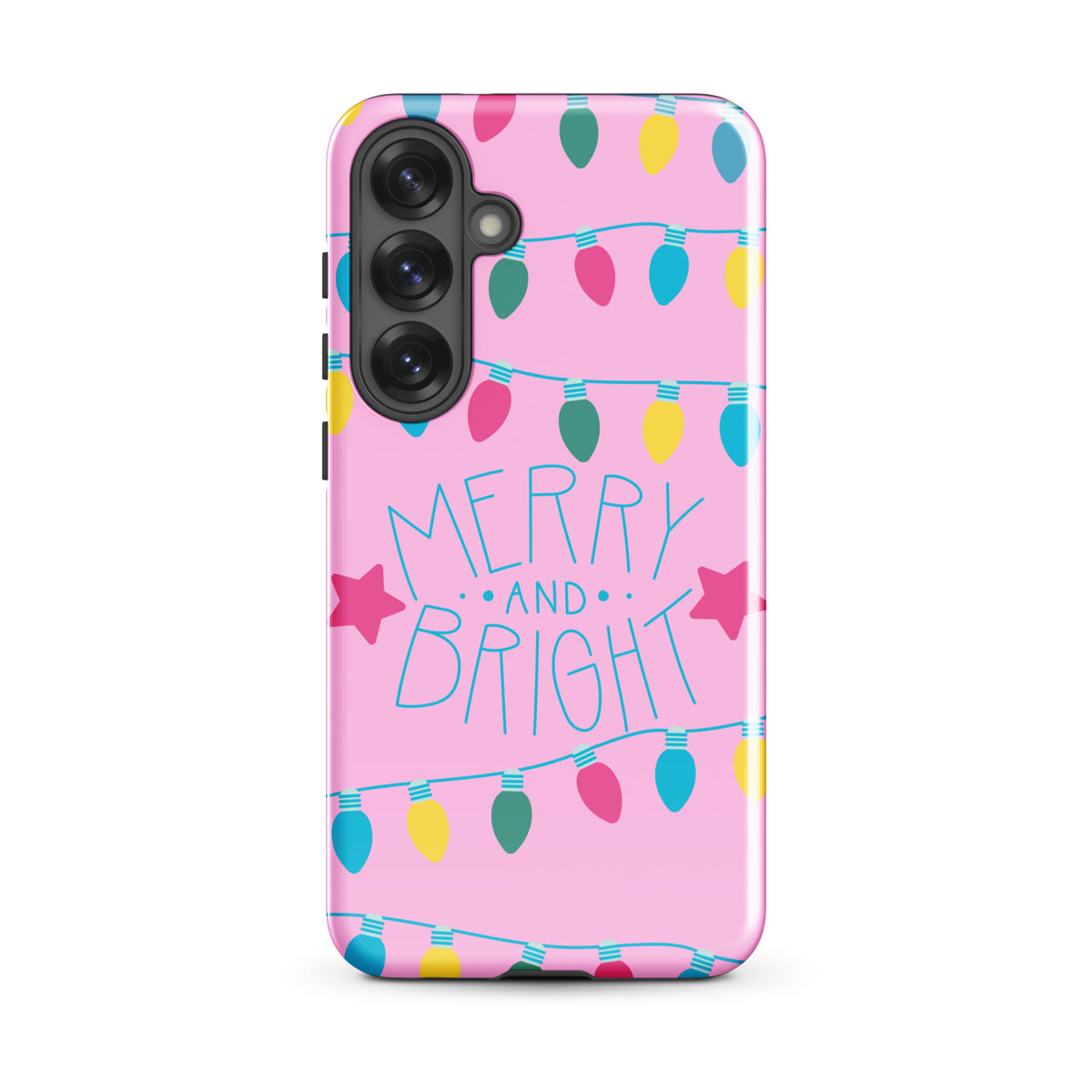 Phone Case for Samsung Galaxy with Merry and Bright holiday lights design on pink background