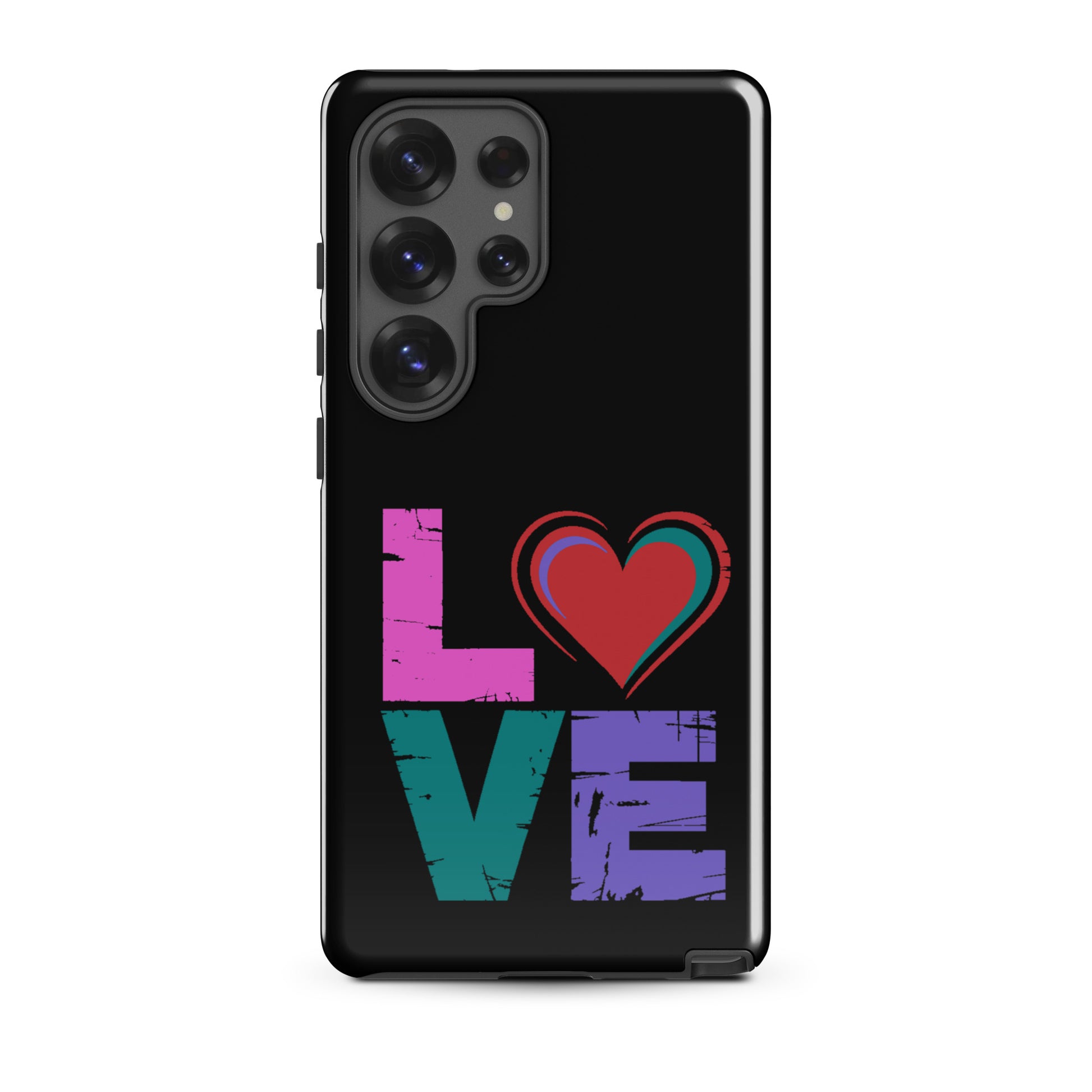 Tough case for Samsung Galaxy Phones featuring colorful 'LOVE' design with heart.