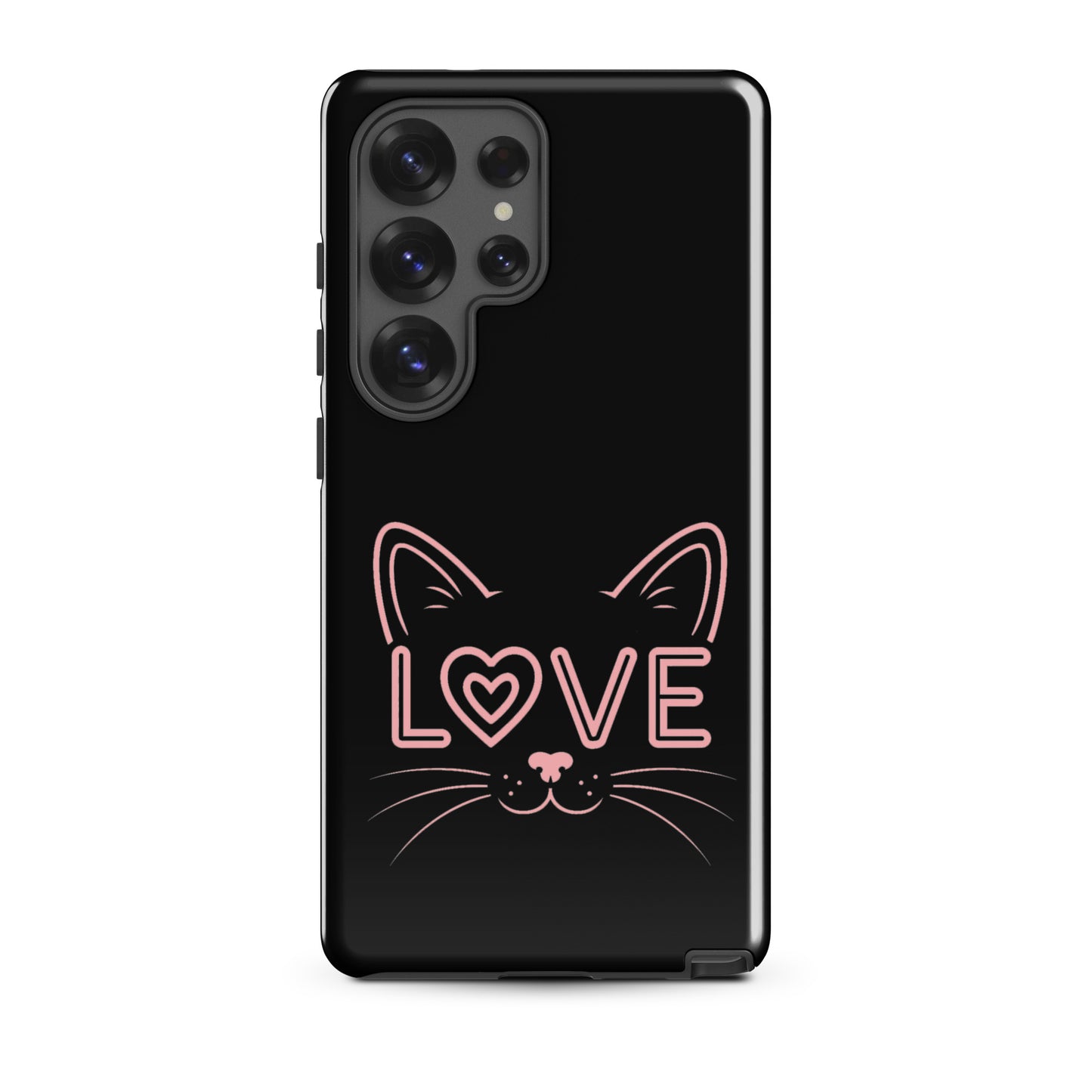 Cat Love phone case for Samsung Galaxy featuring a minimalist cat face design with the word 'LOVE'.