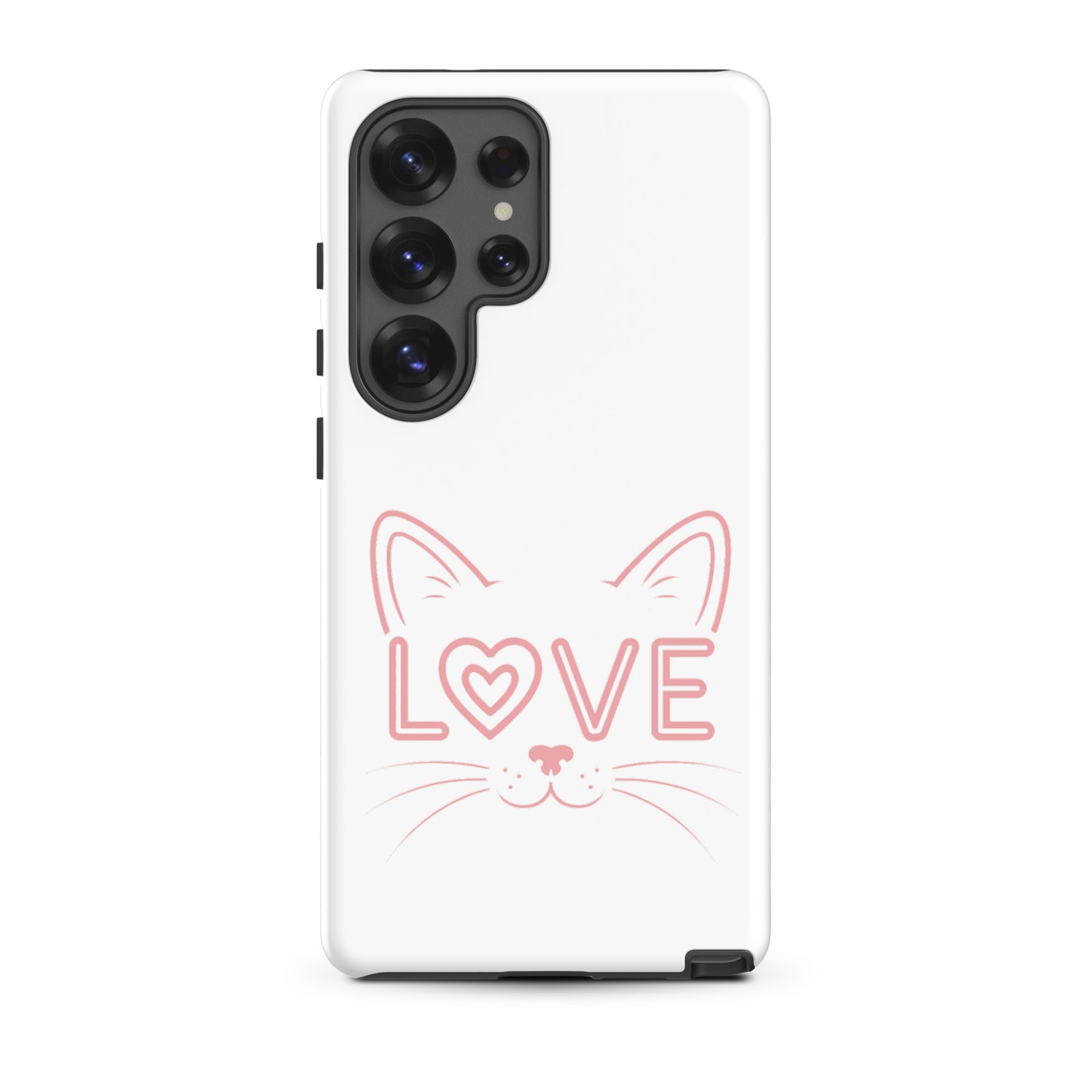 Cat Love phone case for Samsung Galaxy featuring a cat face and the word 'LOVE' in a sleek design.