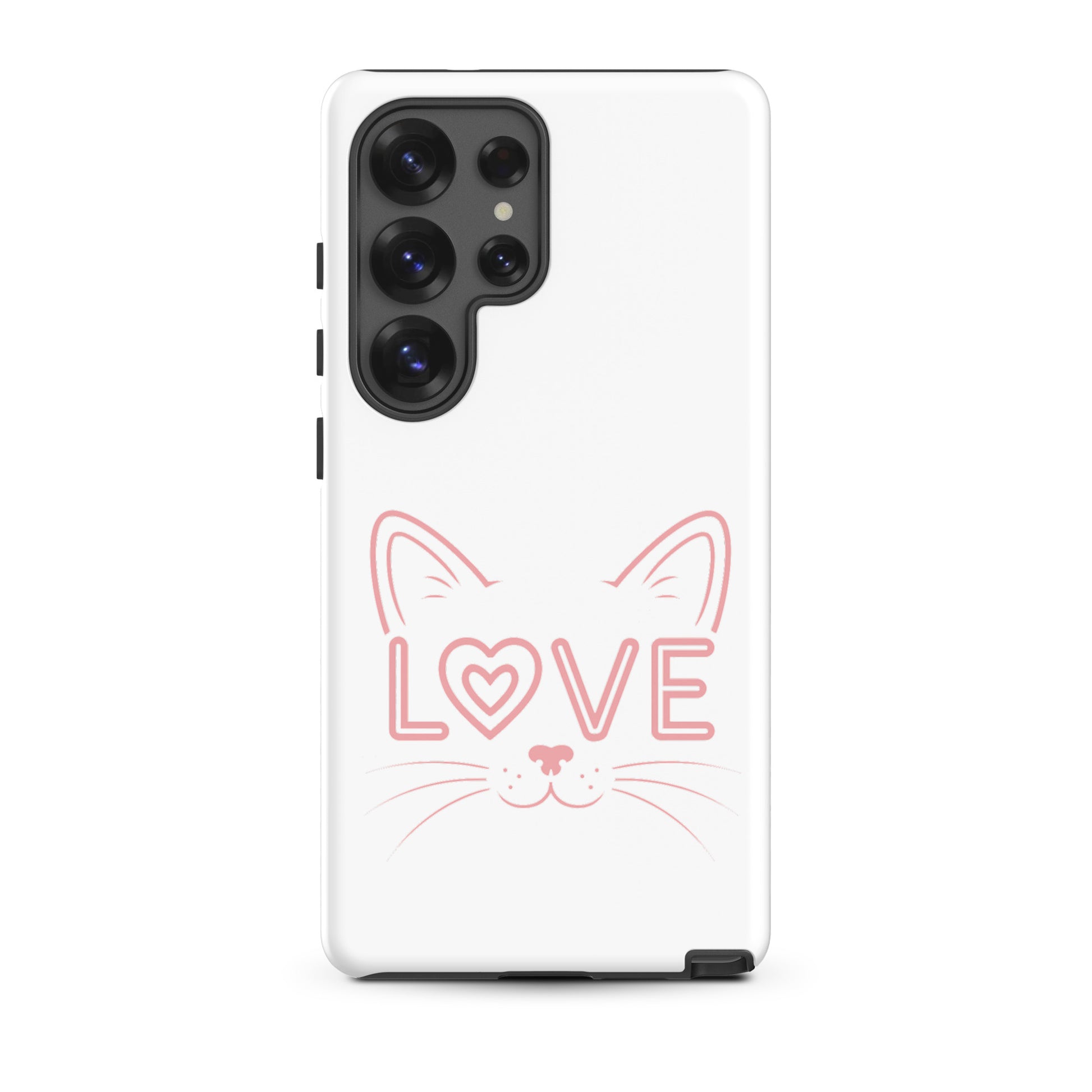 Cat Love phone case for Samsung Galaxy featuring a cat face and the word 'LOVE' in a sleek design.